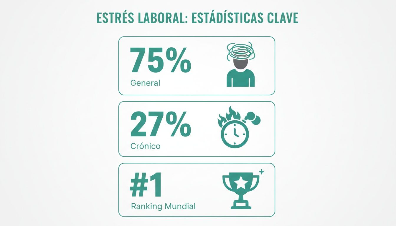 Infografía con estadísticas clave de estrés laboral: 75% general, 27% crónico, y México #1 mundial.