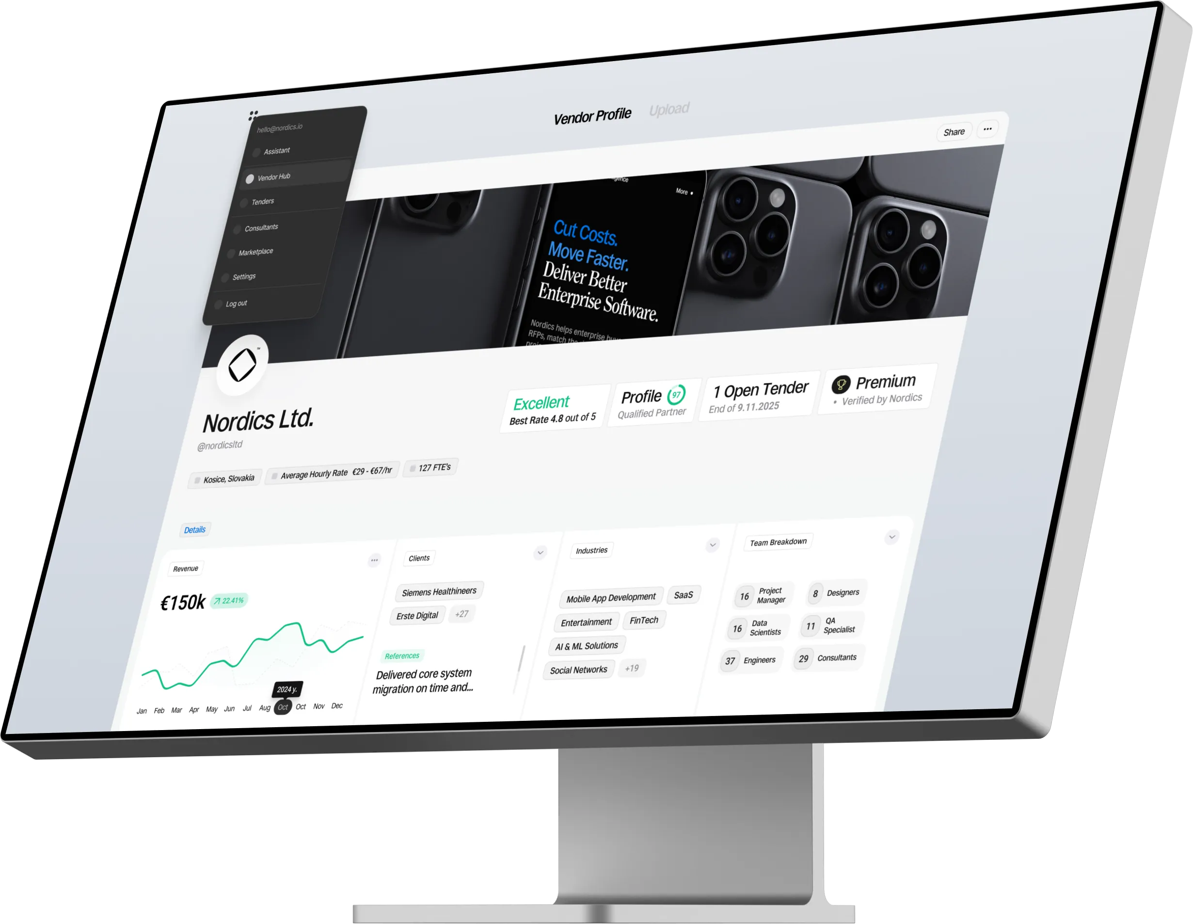 Nordics Vendor Premium profile interface showing premium features, verified IT vendor details.