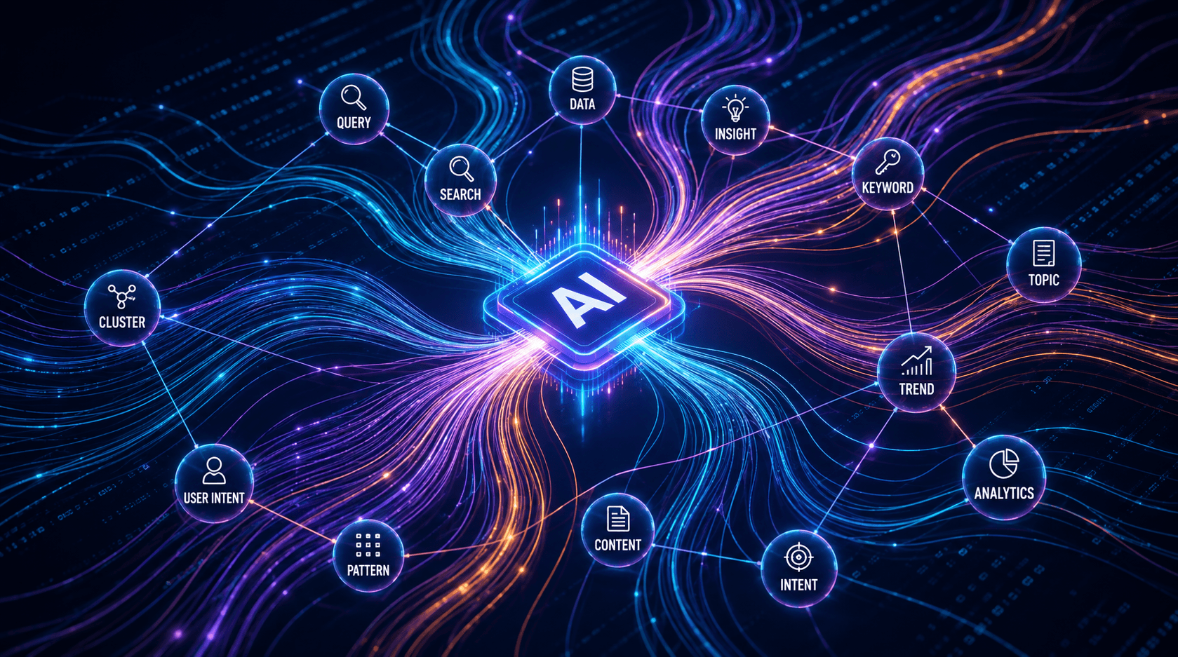 Abstract visualisation of an autonomous AI SEO agent mapping search demand across a network of interconnected query nodes and pathways.