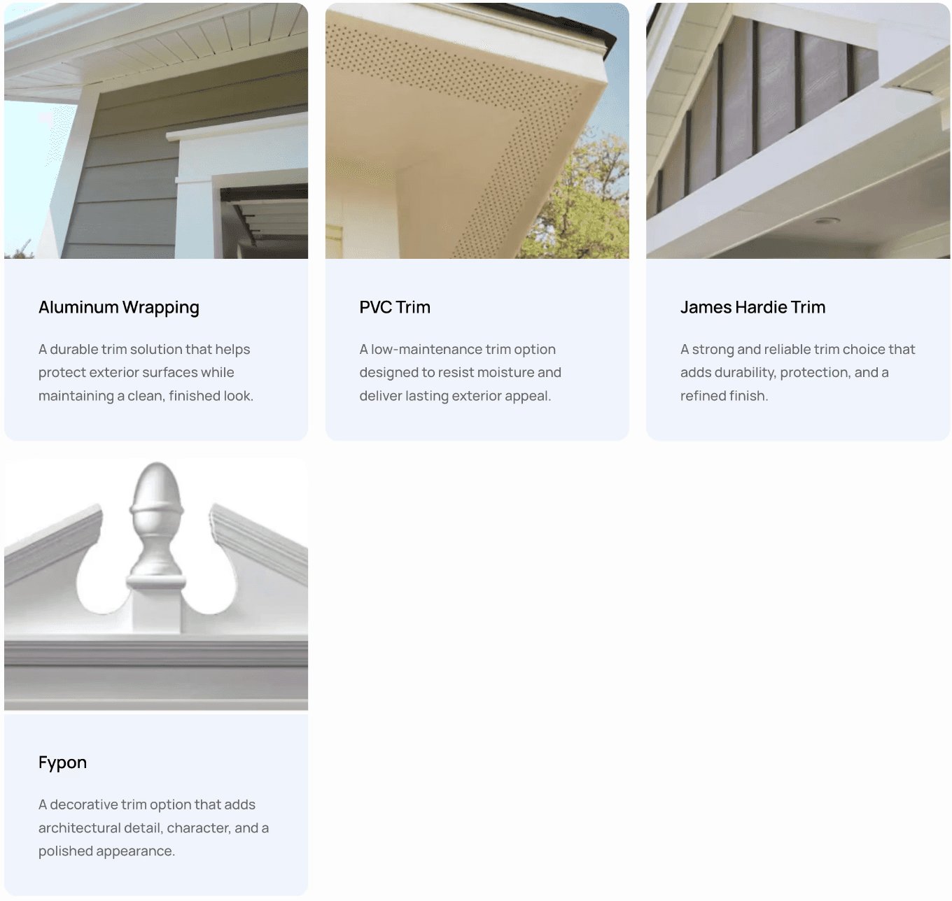 Collection of premium exterior trim solutions including aluminum wrapping, PVC trim, James Hardie trim, and Fypon decorative trim professionally installed by Dream Exterior for homeowners across Maryland, Washington, D.C., and Northern Virginia.