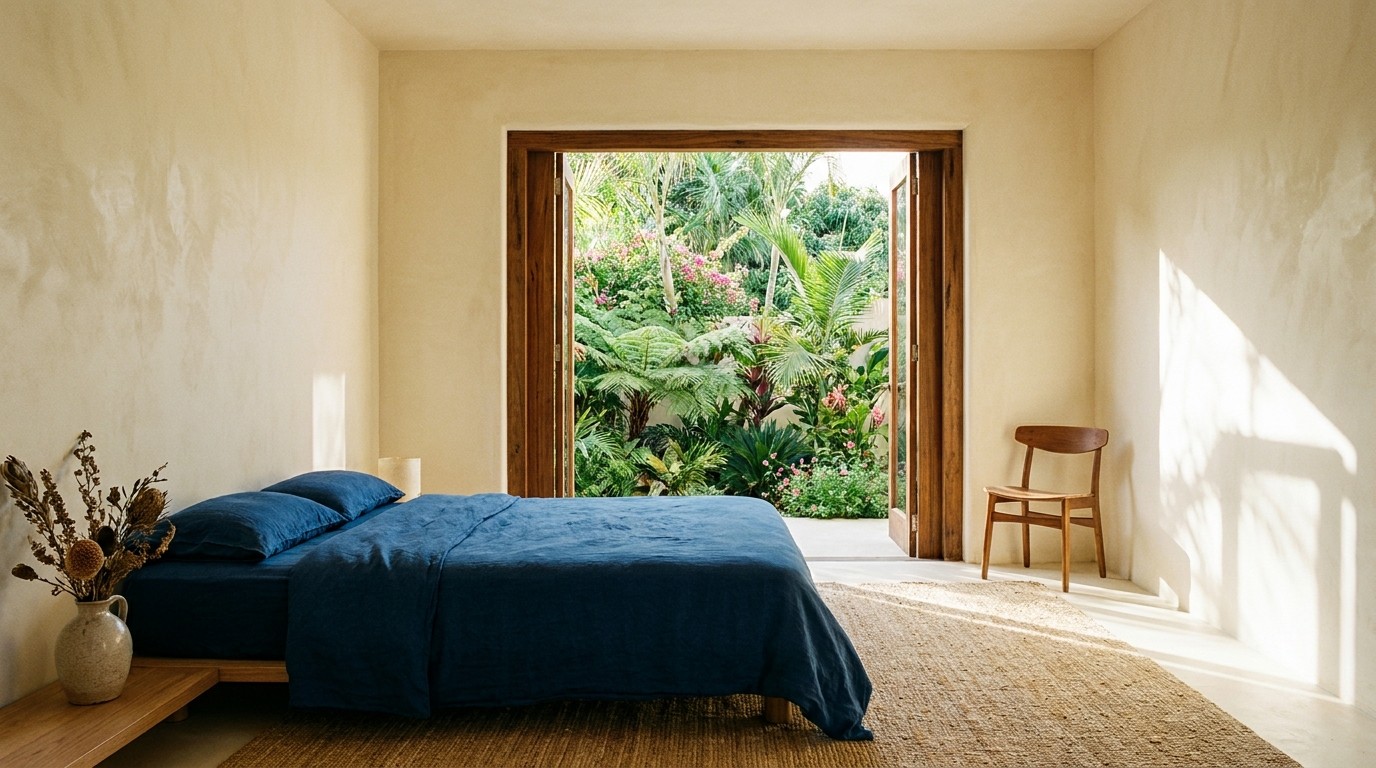 A minimalist guest bedroom with cream-colored lime-washed walls, a bed draped in deep indigo linens, and a large open doorway leading to a lush tropical garden.