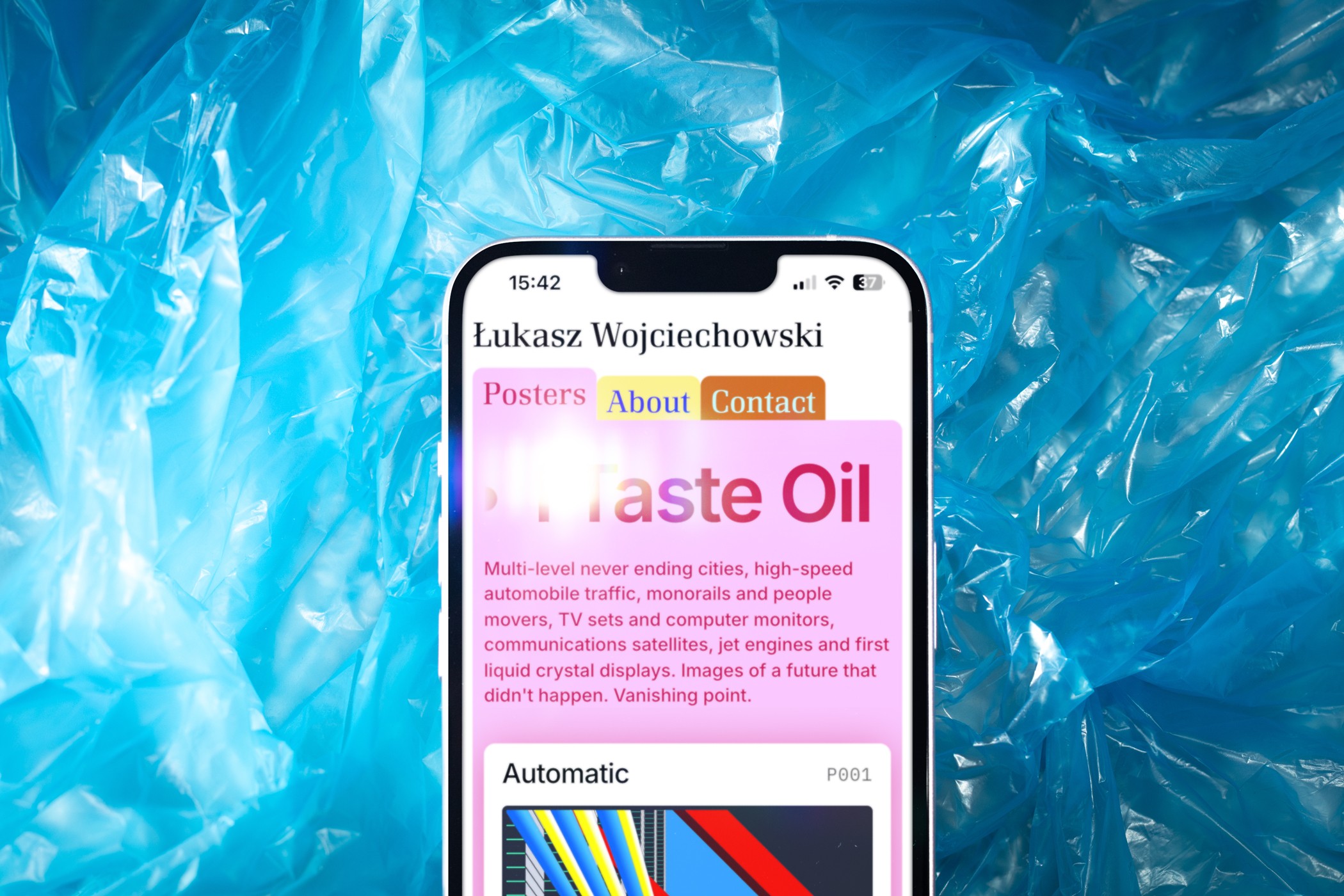 A smartphone displaying a colorful screen with text, set against a vibrant blue abstract background.