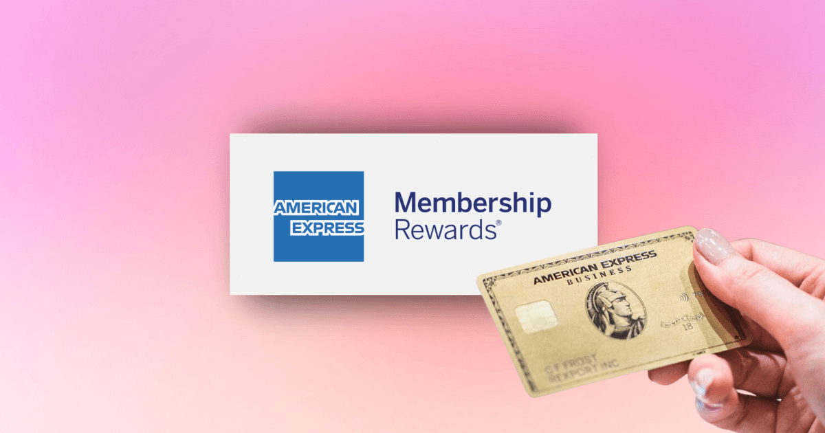 Someone holding a Gold American Express card over a pink background and the Amex Membership Rewards logo