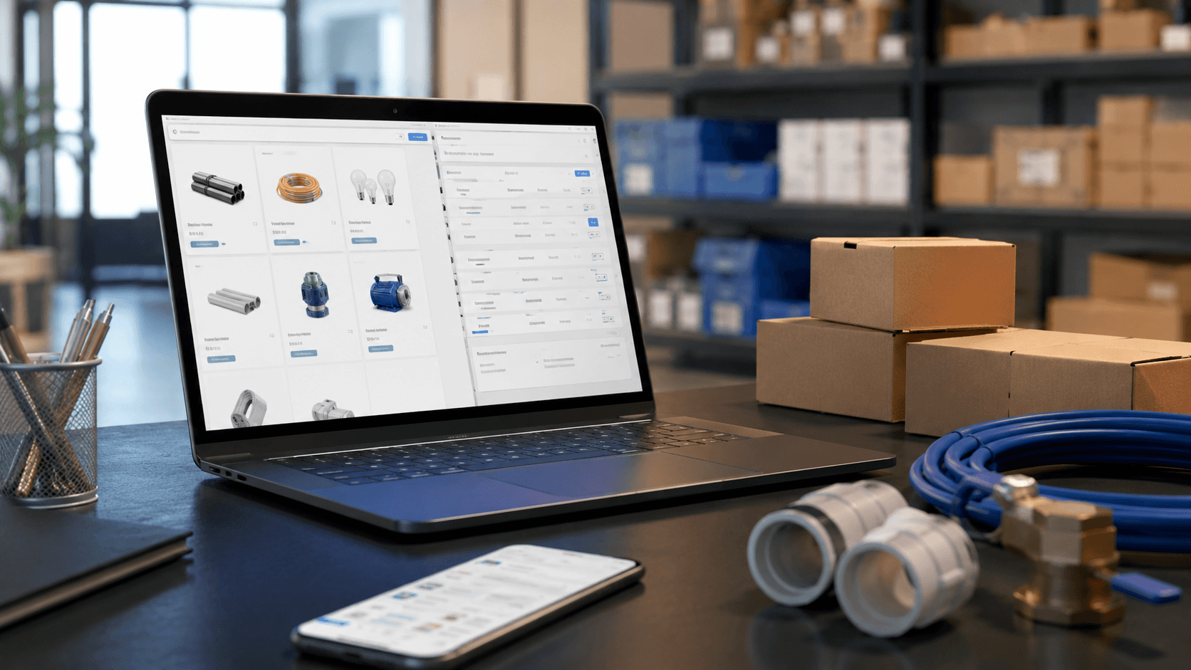 Ilustração 3D realista de um ambiente moderno de distribuidora ou operação B2B. Em primeiro plano, um notebook aberto exibindo um portal de pedidos profissional com catálogo digital, preços personalizados e status de estoque em tempo real. Ao lado, um smartphone mostrando pedidos sendo feitos diretamente pelo sistema. Ao fundo, prateleiras organizadas com caixas e produtos industriais, transmitindo integração logística e ERP conectado. Ambiente clean, corporativo e tecnológico, iluminação cinematográfica suave, sem pessoas, sem textos visíveis, composição única e contínua em formato 16:9.