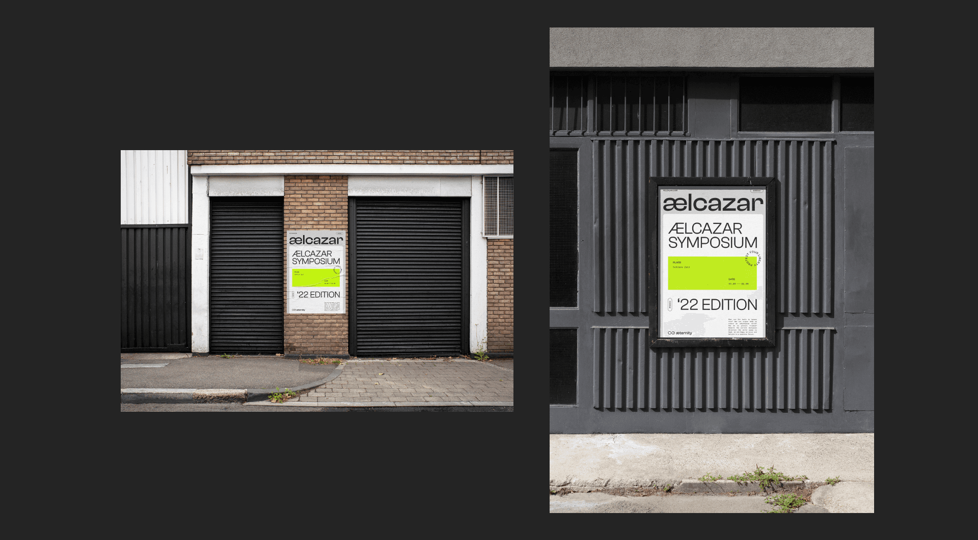 Two street photographs of AELCAZAR symposium posters pasted on a garage door and a dark slatted facade