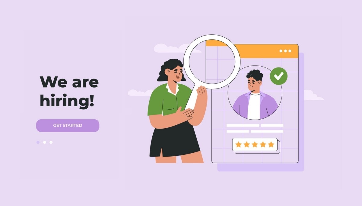 Illustration of a recruiter examining a candidate profile with a magnifying glass next to a “We are hiring!” banner—symbolizing the use of job boards to post openings and evaluate top talent.