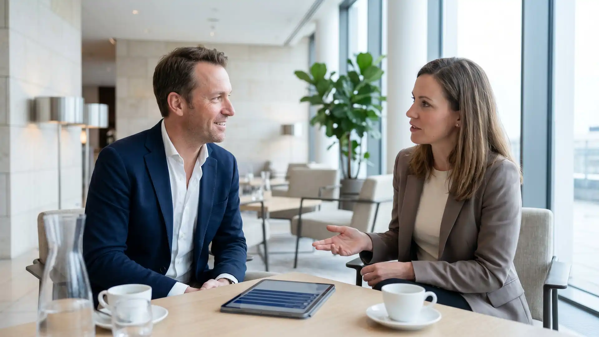 Hotel sales team reviewing group booking data on a tablet during a meeting in a hotel lounge