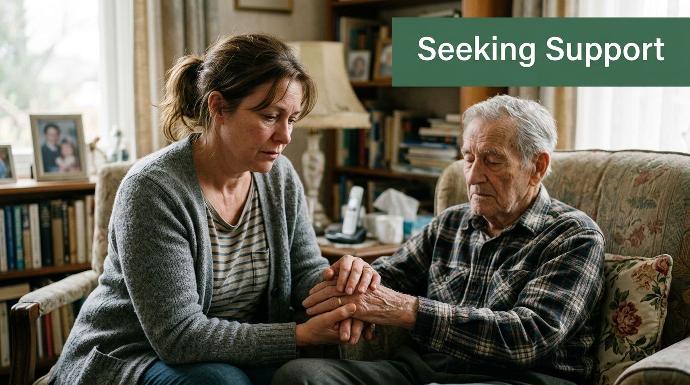 A caring woman comforting an elderly man sitting in a living room while holding his hands.