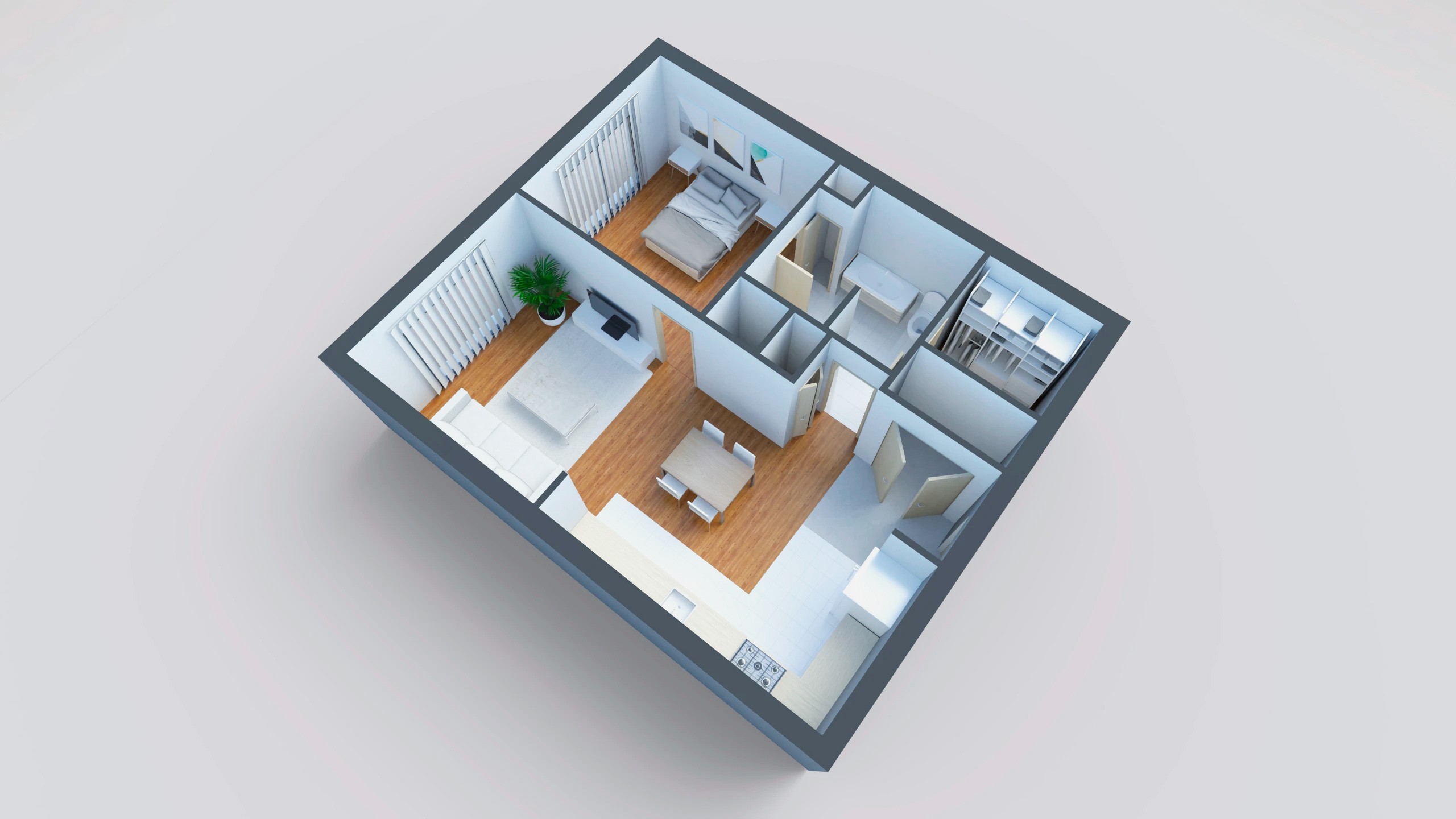 3D view of a furnished one-bedroom apartment with a dining room, living room, bedroom, kitchen, bathroom, and walk-in closet for small spaces.