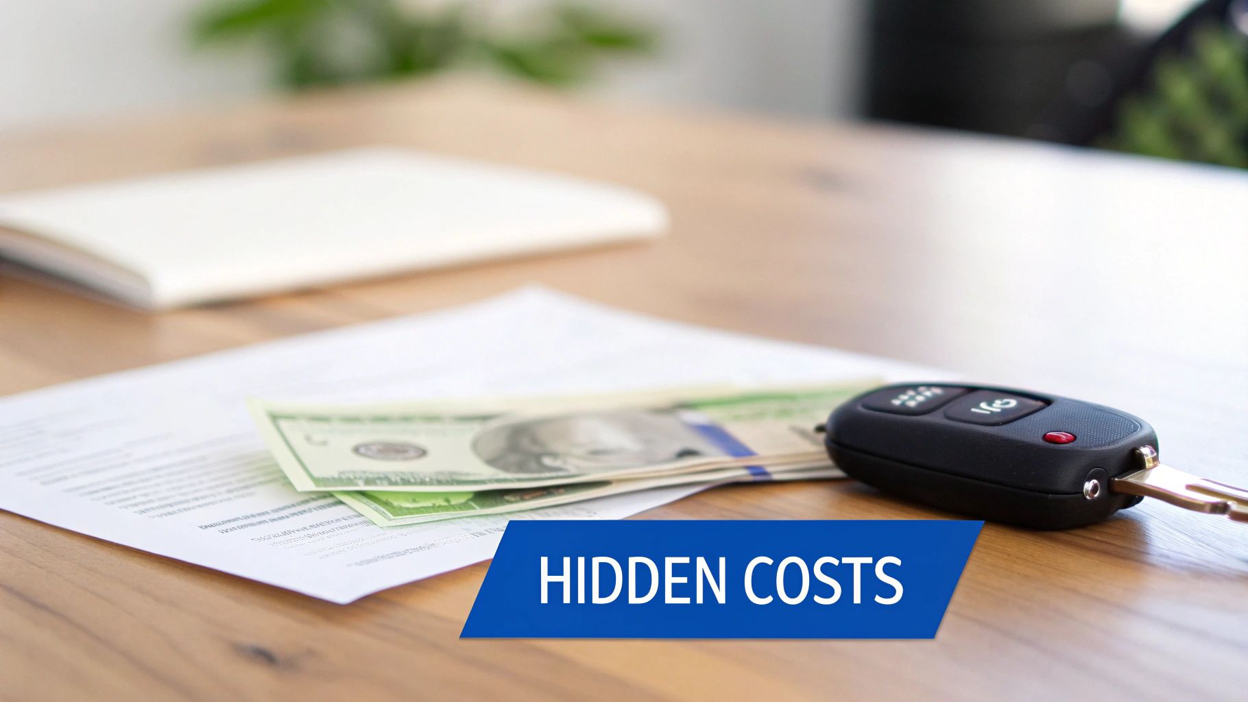 Car key, cash, and documents on a desk with a 'HIDDEN COSTS' banner, representing financial implications.