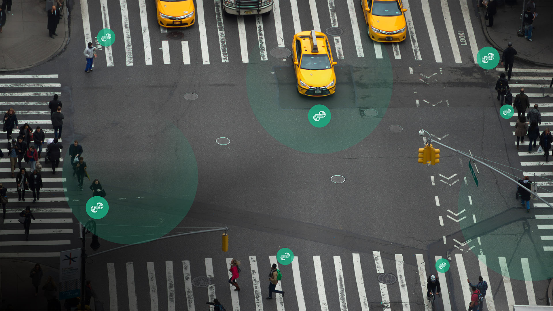 street view with taxis and people