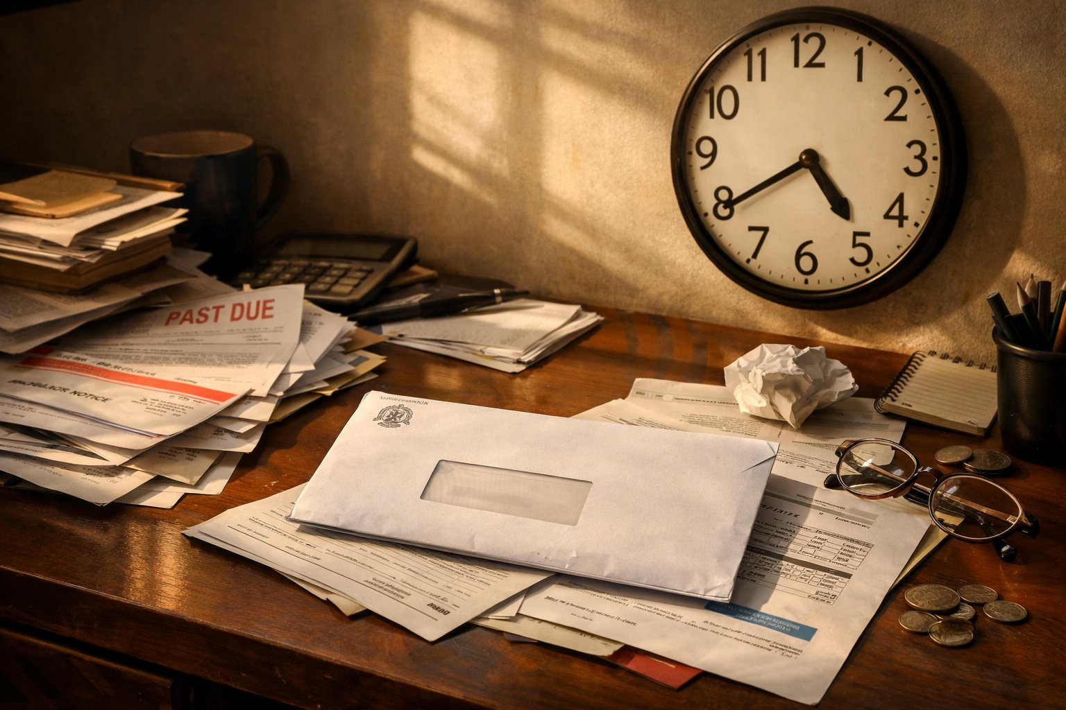 Unopened official envelope on a cluttered desk, surrounded by unpaid bills and a ticking wall clock in soft afternoon light, suggesting mounting consequences over time.