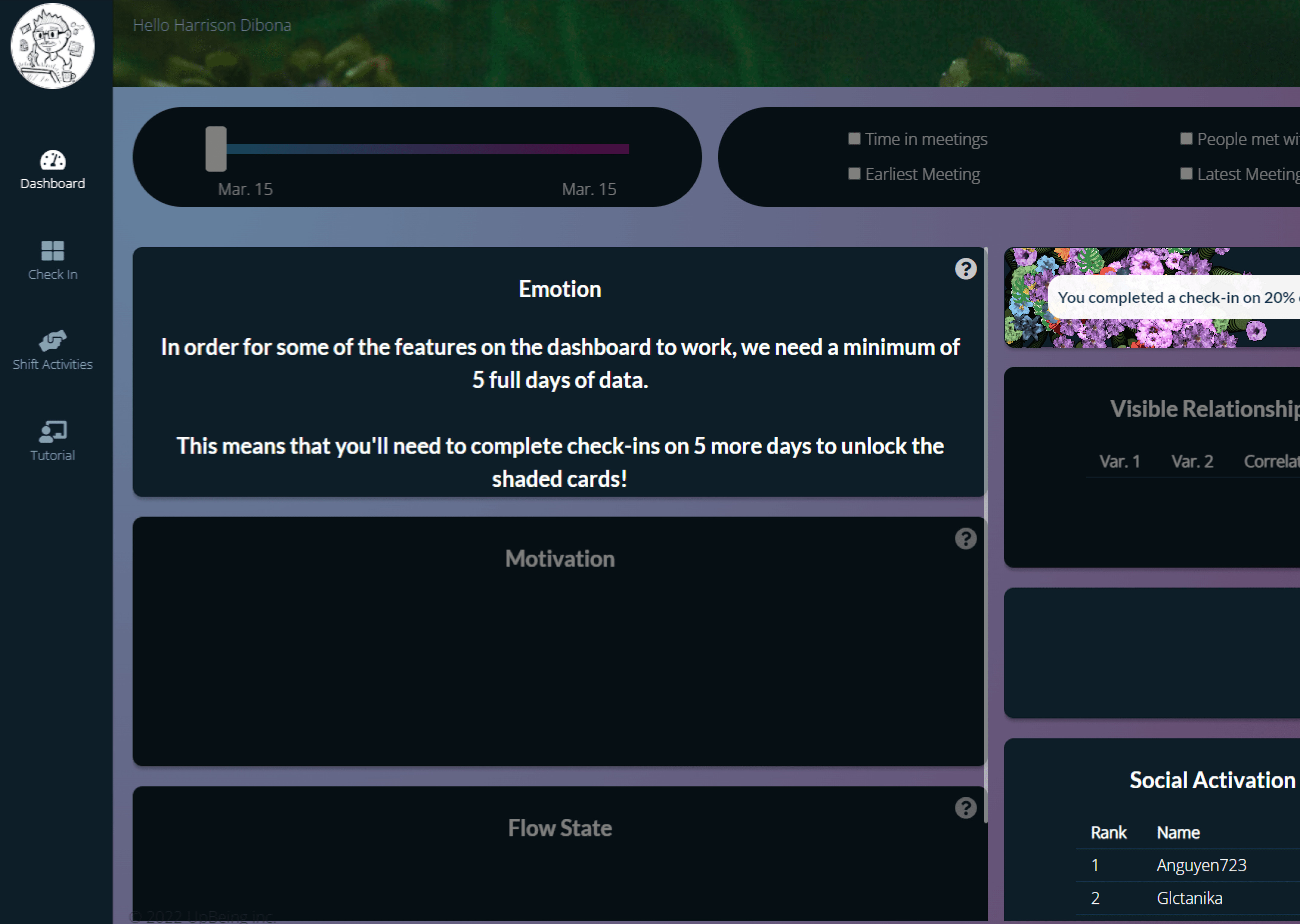 Later beta version of the UpBeing interface in dark mode, showing a refined dashboard layout with content panels and navigation controls.