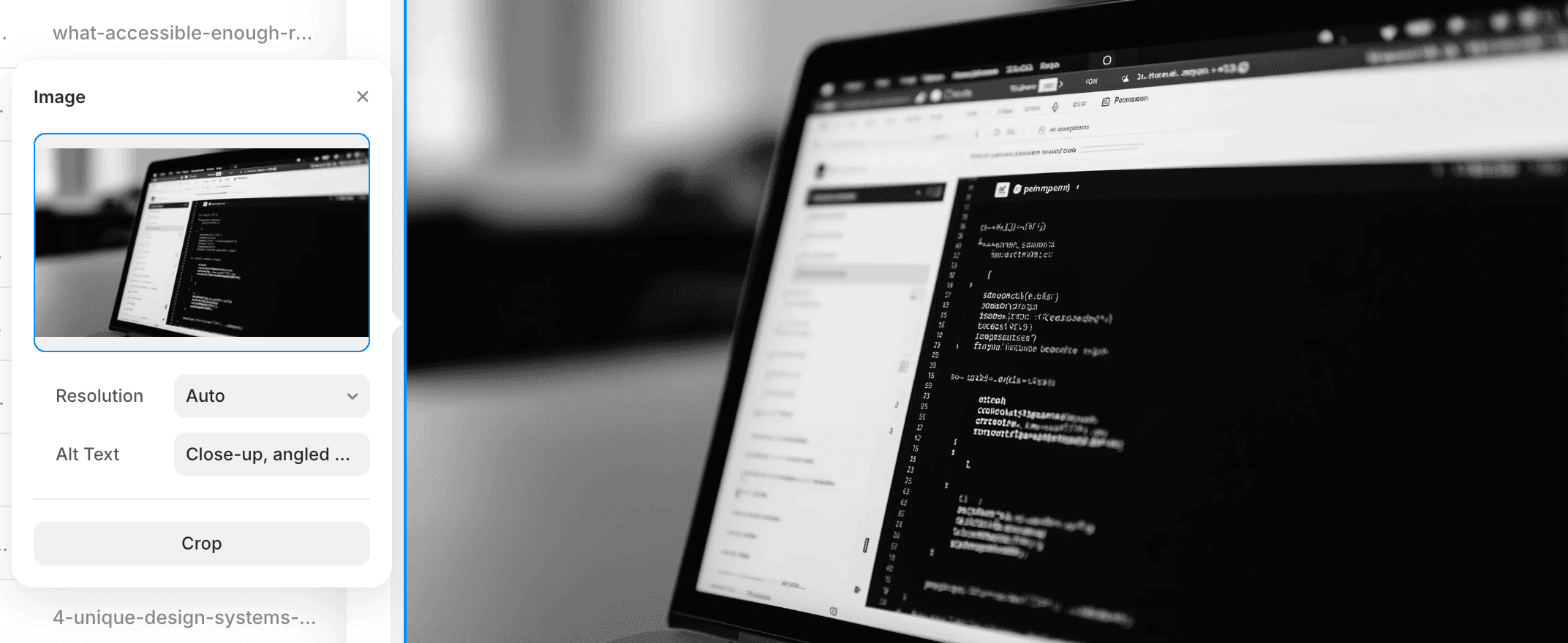 Image settings panel with an “Alt Text” field being filled in, next to a preview of a laptop photo showing a dark-theme code editor.