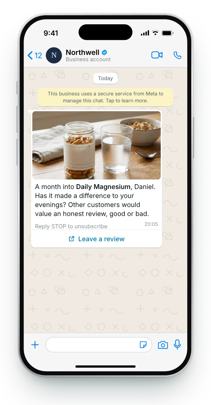 Asking about results, not the parcel: WhatsApp review request on an iPhone