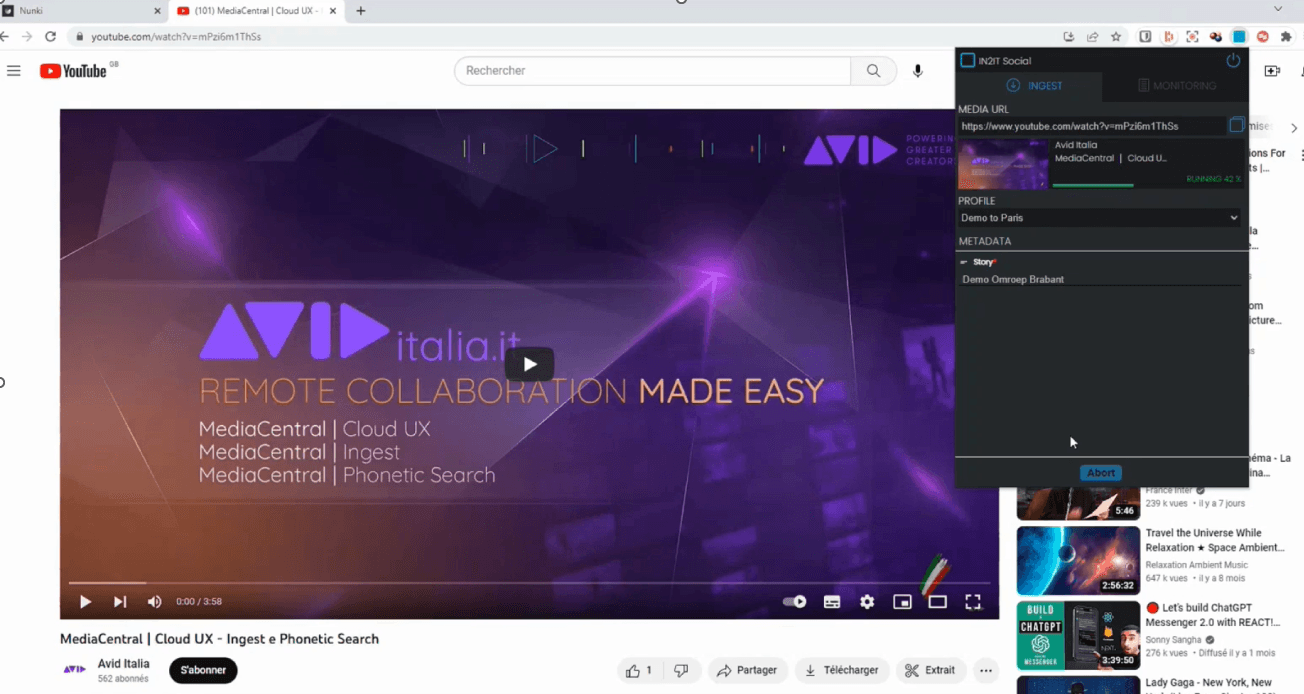 A screen capture showing a YouTube video being processed by the Woody Vision ingest tool for newsrooms. The dashboard displays real-time metadata mapping for "Remote Collaboration," highlighting how Woody Technologies streamlines social media content discovery for media production teams.