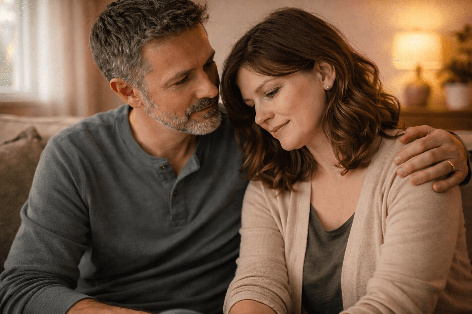 One partner comforting the other with a gentle hand on their shoulder