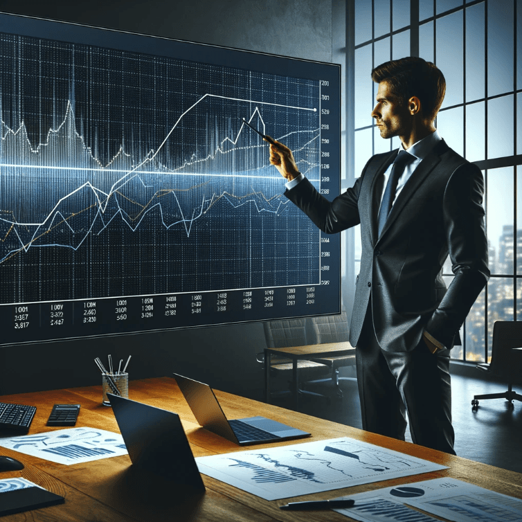 A businessman in a modern office analyzing financial growth on a large digital screen showing complex graphs and data. The office has a sleek design with a large window, a desk with a laptop, documents, and a calculator, highlighting a professional and analytical atmosphere