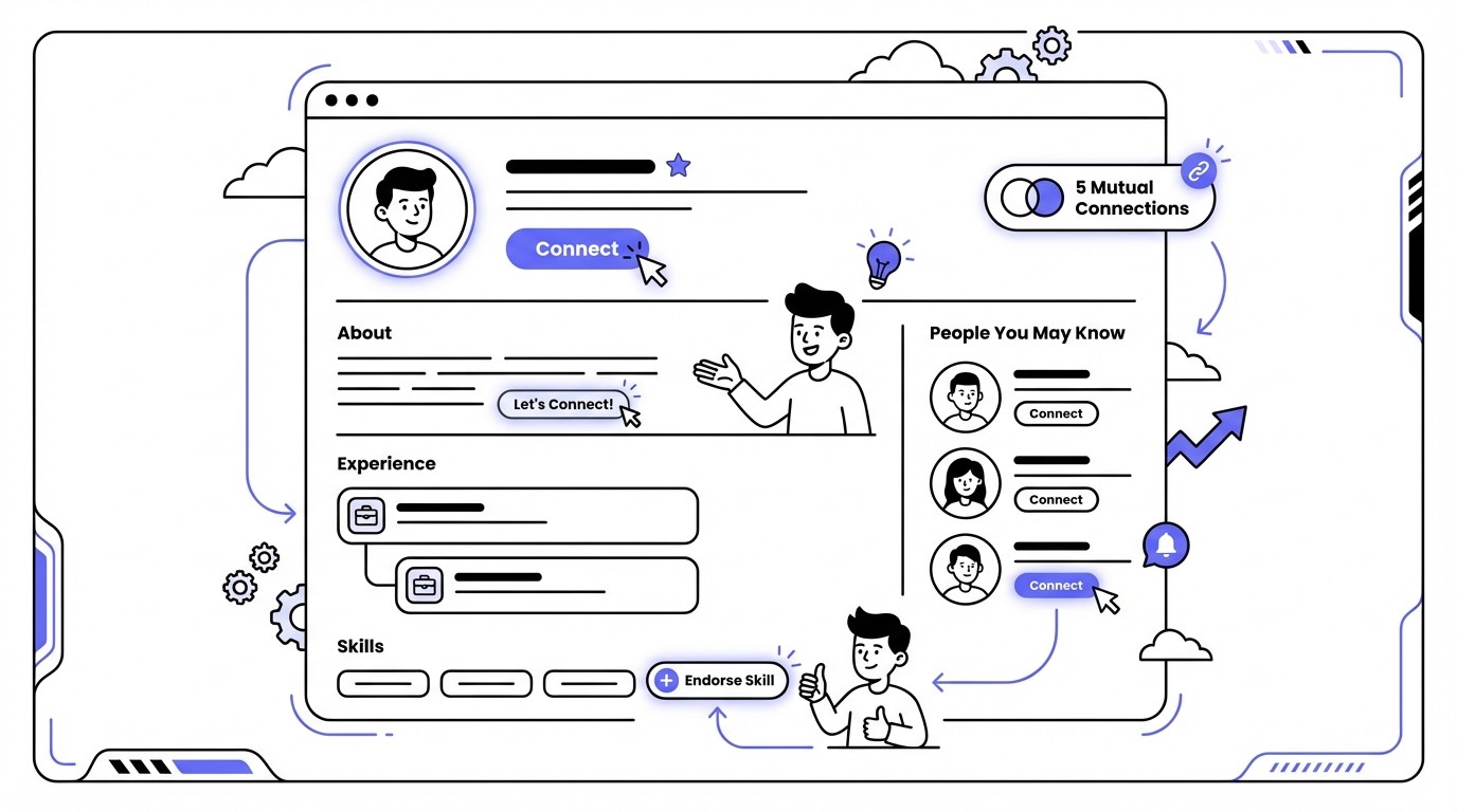 A stylized diagram of a LinkedIn profile screen with multiple 'connection triggers' highlighted. Key areas like the main 'Connect' button, 'People You May Know' section, mutual connections, and skill endorsement prompts are visually emphasized with vibrant accent colors.