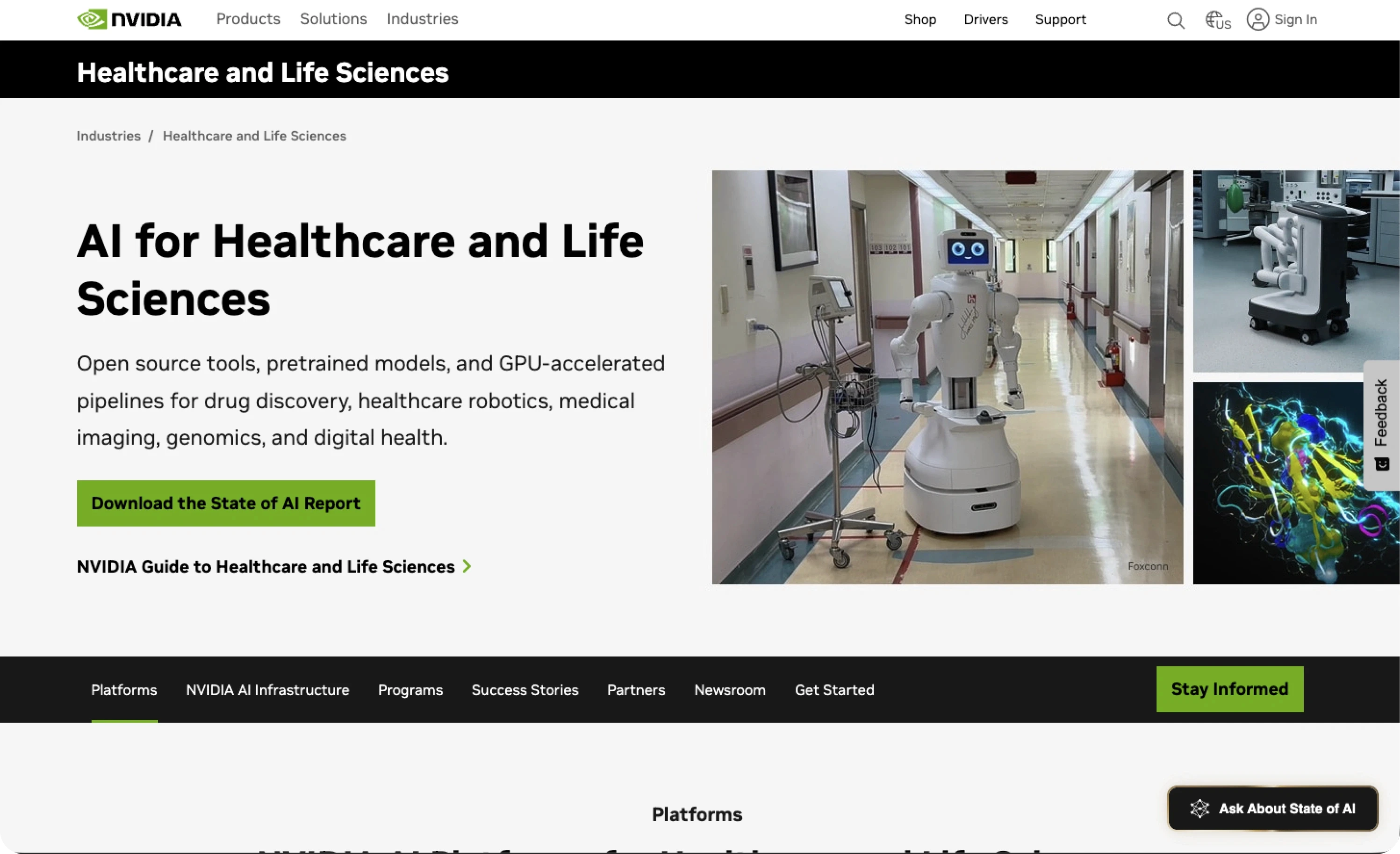Nvidia Healthcare and Life Sciences platform page showing an autonomous hospital robot in a clinical corridor, alongside imagery of drug molecule visualization, with the headline AI for Healthcare and Life Sciences