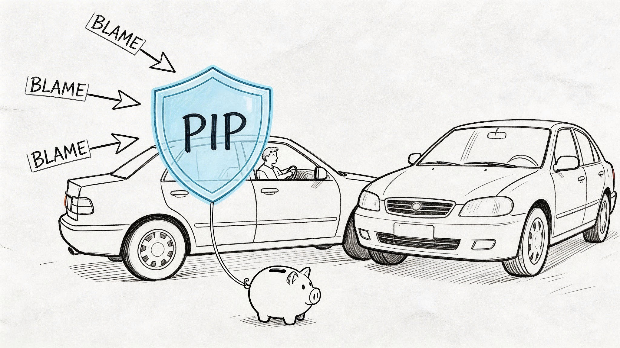 A conceptual line drawing illustrating how PIP insurance covers accident costs regardless of who is at fault.