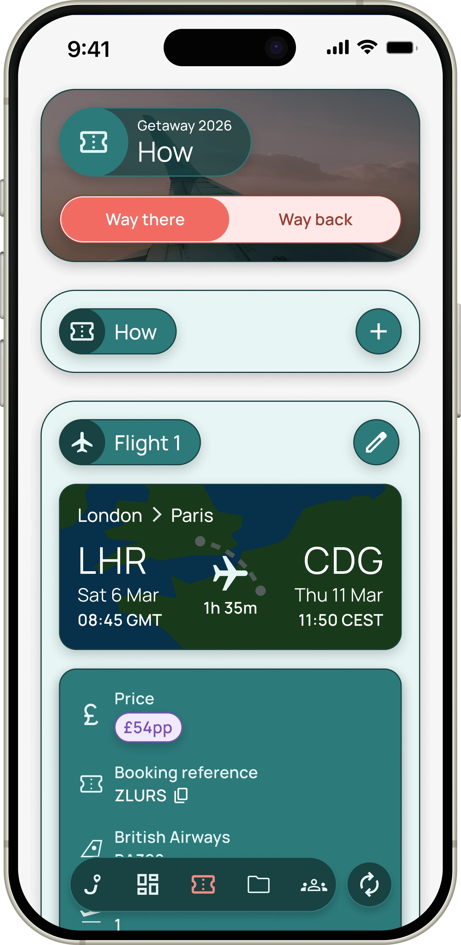 Jaunt travel screen showing a flight from London to Paris with booking details