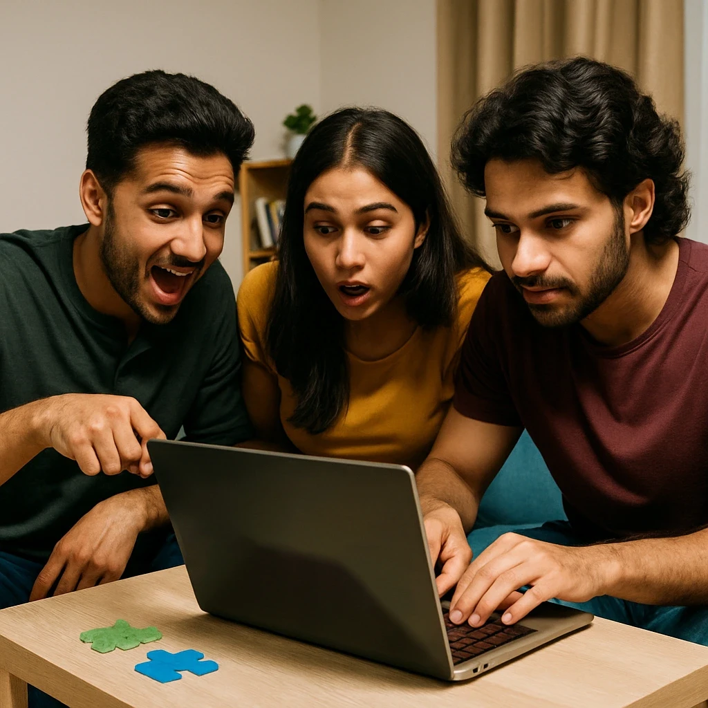 Friends sitting together and choosing online game mode on the Hidden Hour website