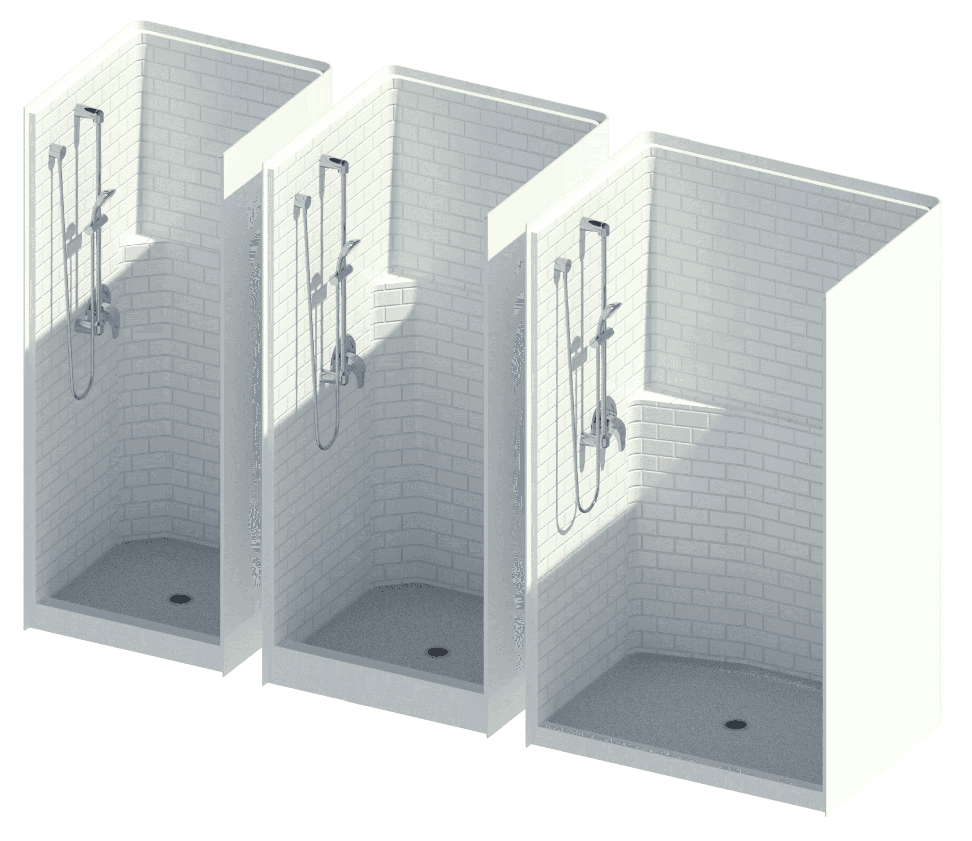 Render showing three Maax Via alcove shower models.