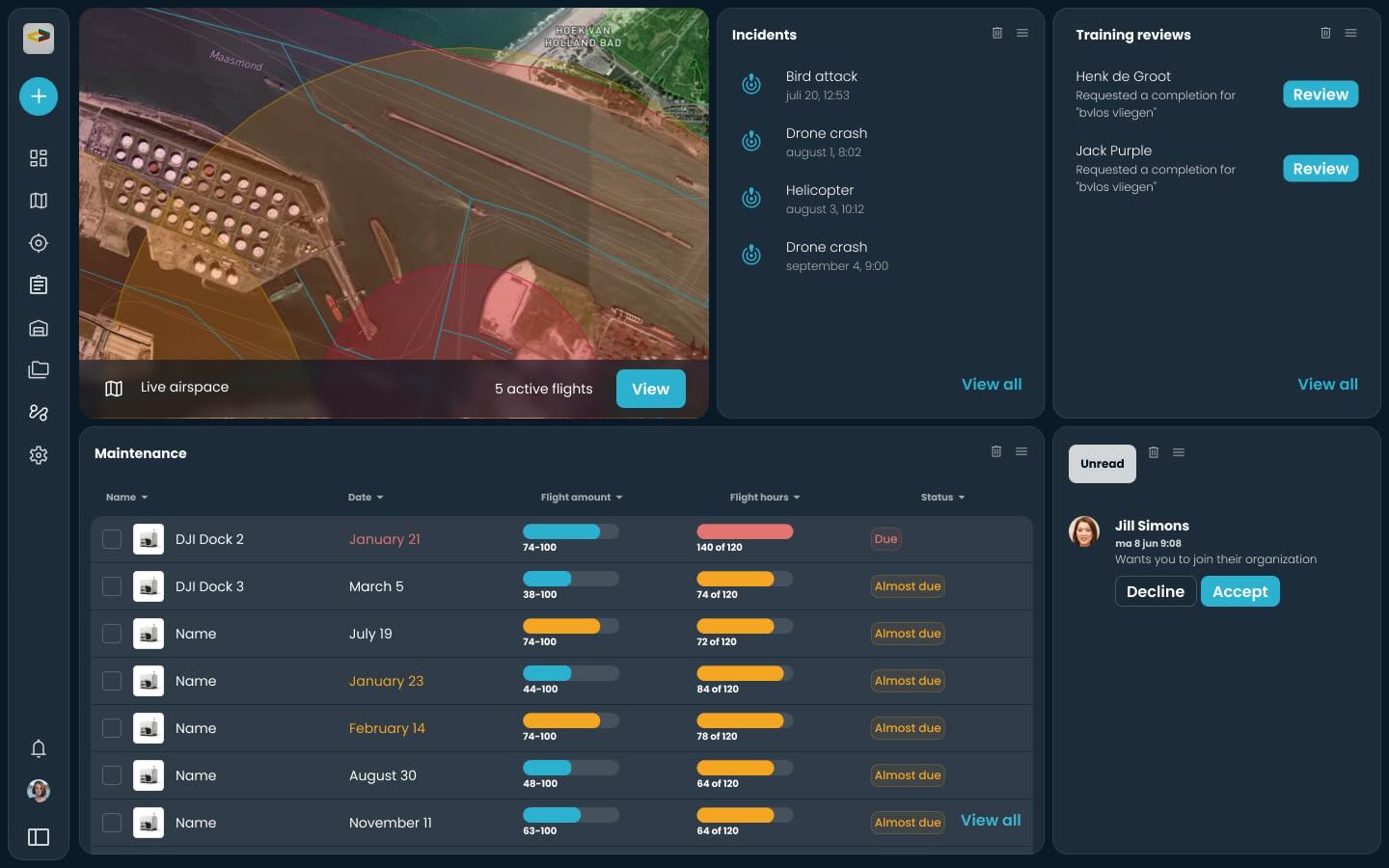 AirHub drone software compliance dashboard showing digital flight logs, maintenance tracking, fleet management, and pilot certification status for first responder operations