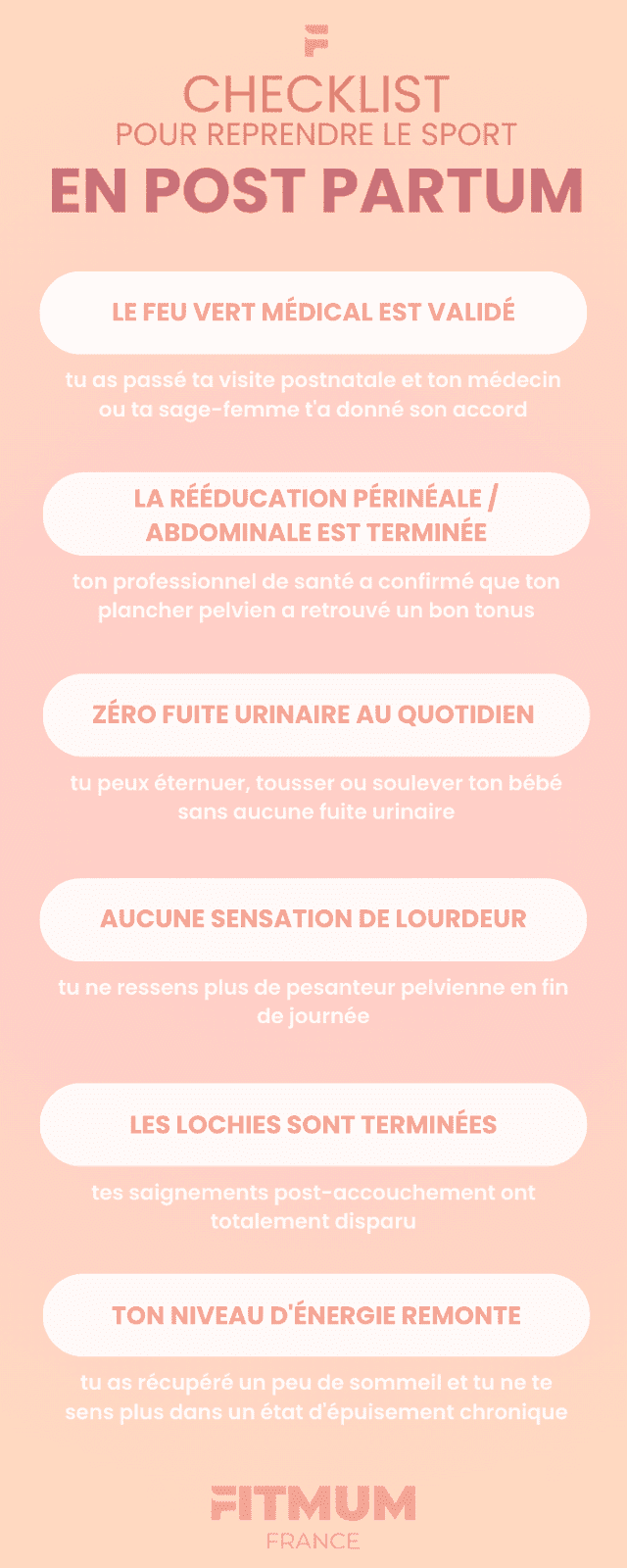 Infographie check-list des conditions médicales pour la reprise du sport en post-partum