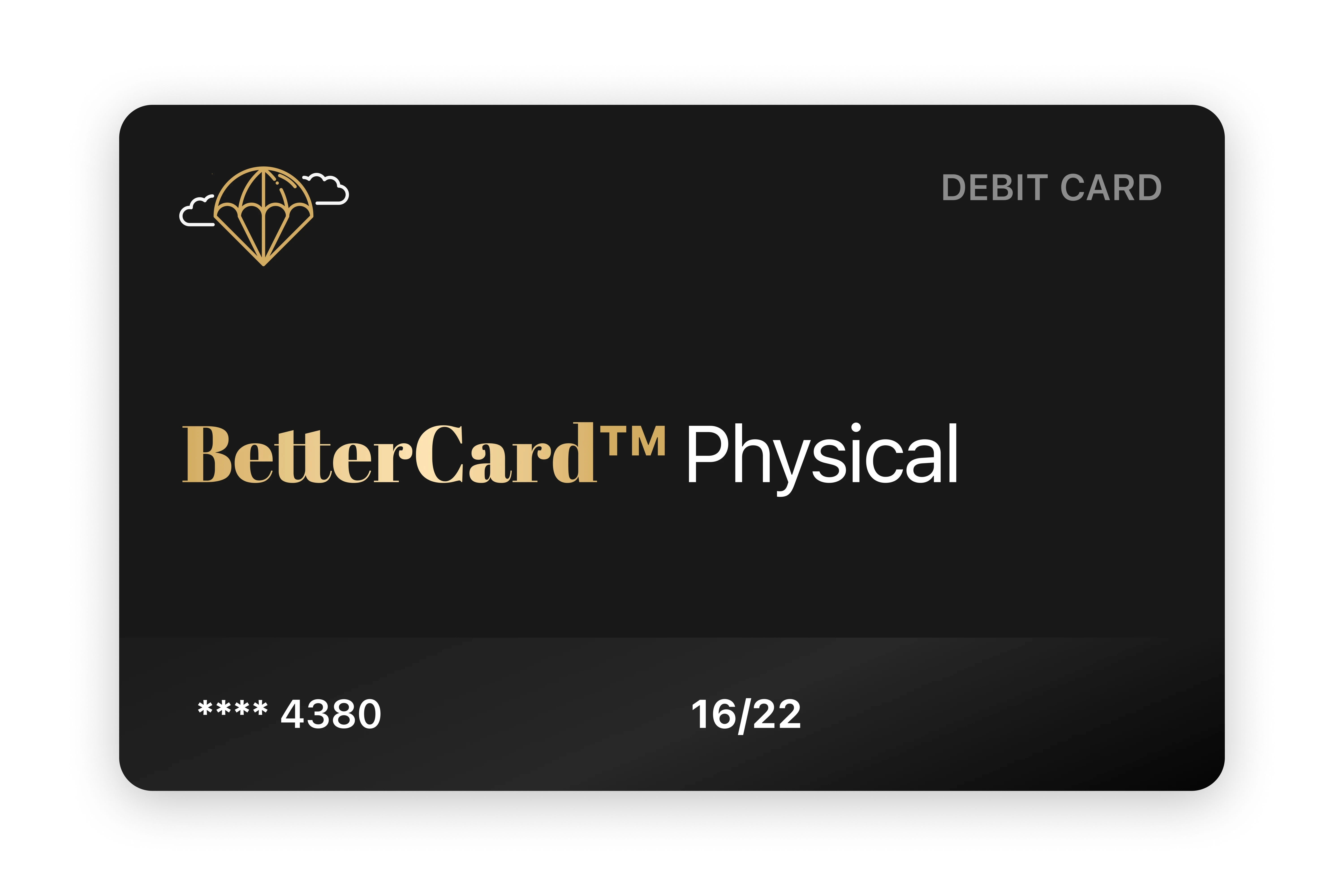 BetterCard Physical debit card design in black and gold, showing masked card number and expiry date. Premium fintech card UI from BetterBank’s digital banking experience.