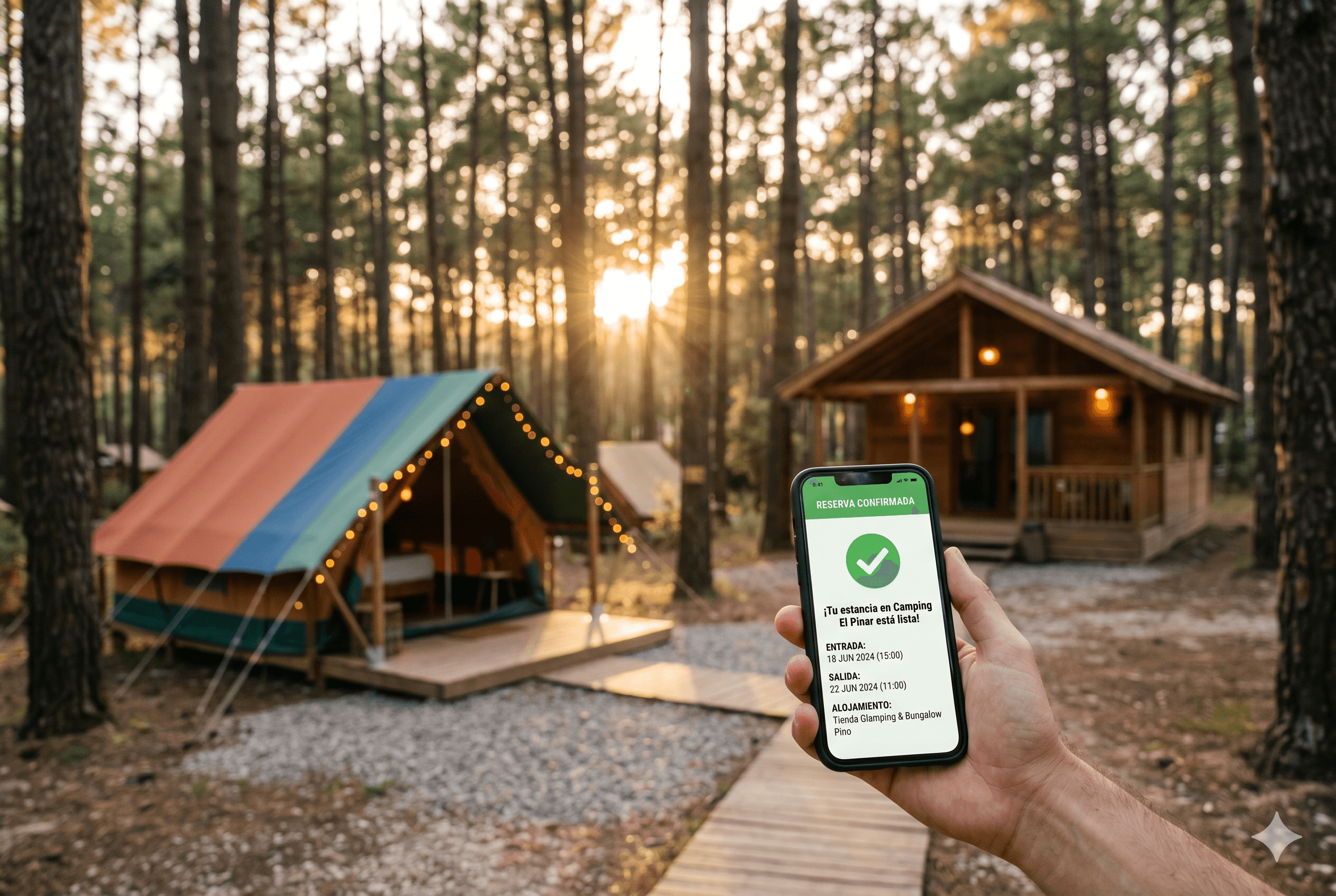 Camping digital sin recepcionista con reserva confirmada en smartphone mediante inteligencia artificial
