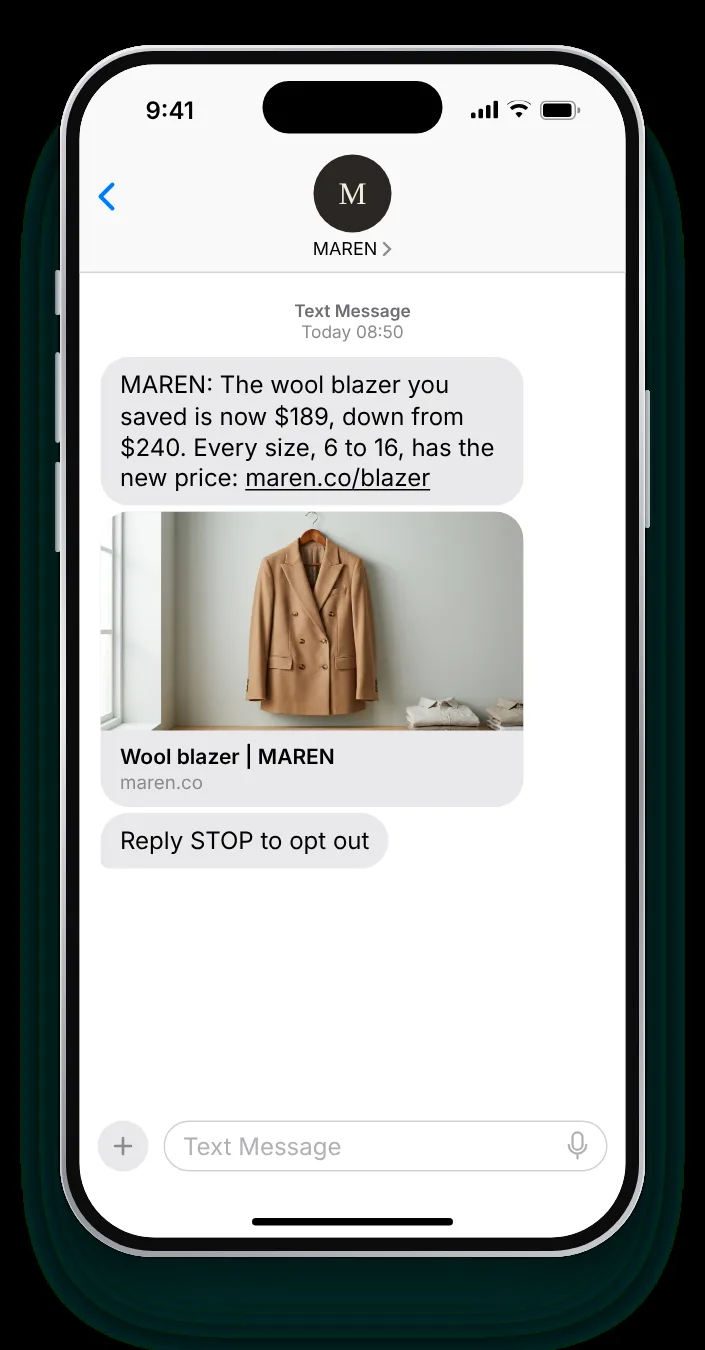 The saved blazer costs less price drop text on an iPhone