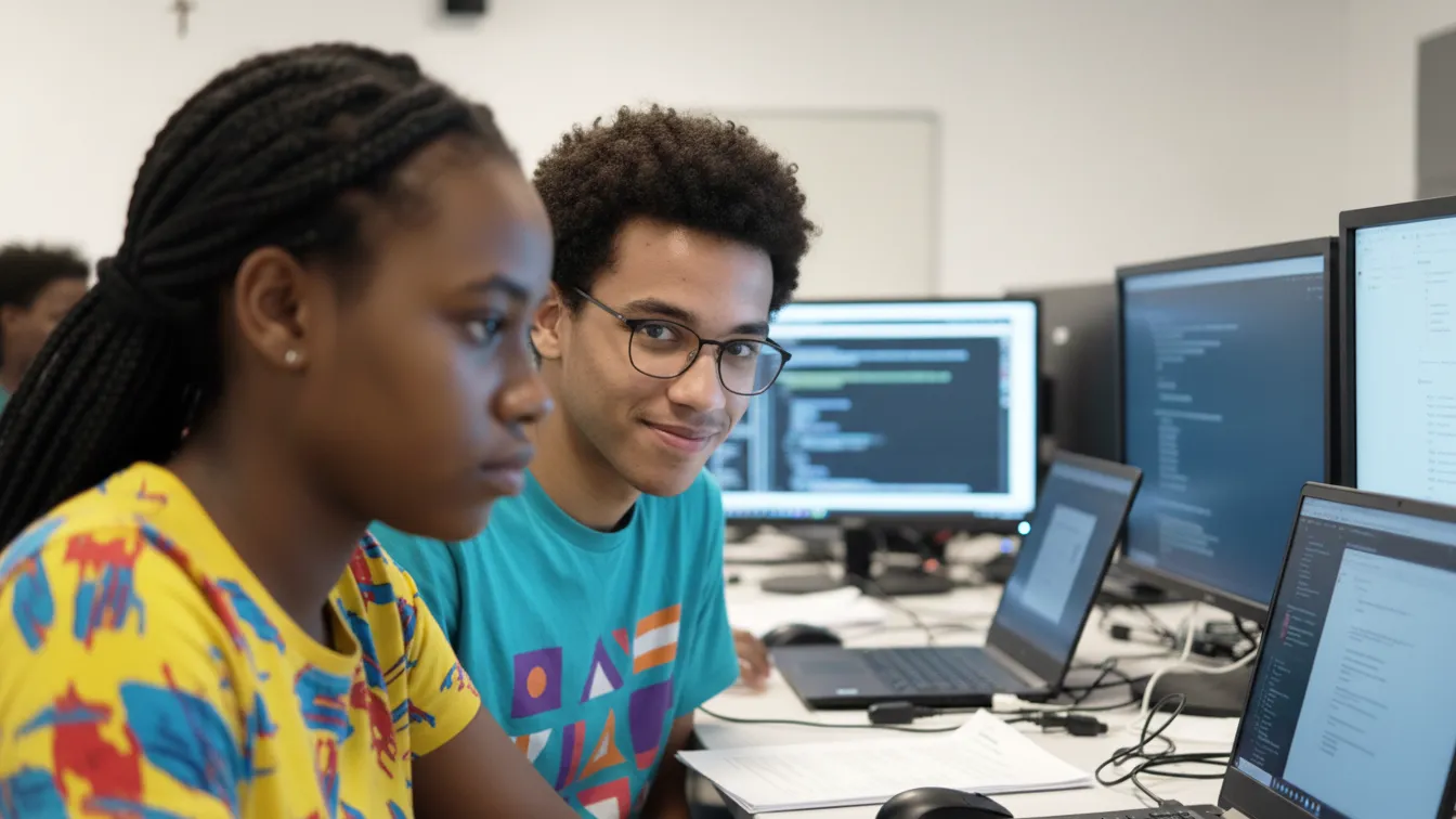 Étudiants de l'ICEA Martinique travaillant sur des projets d'avenir au sein de l'ICEA Lab, illustrant la recherche en cybersécurité et en transition écologique pour l'économie caribéenne.