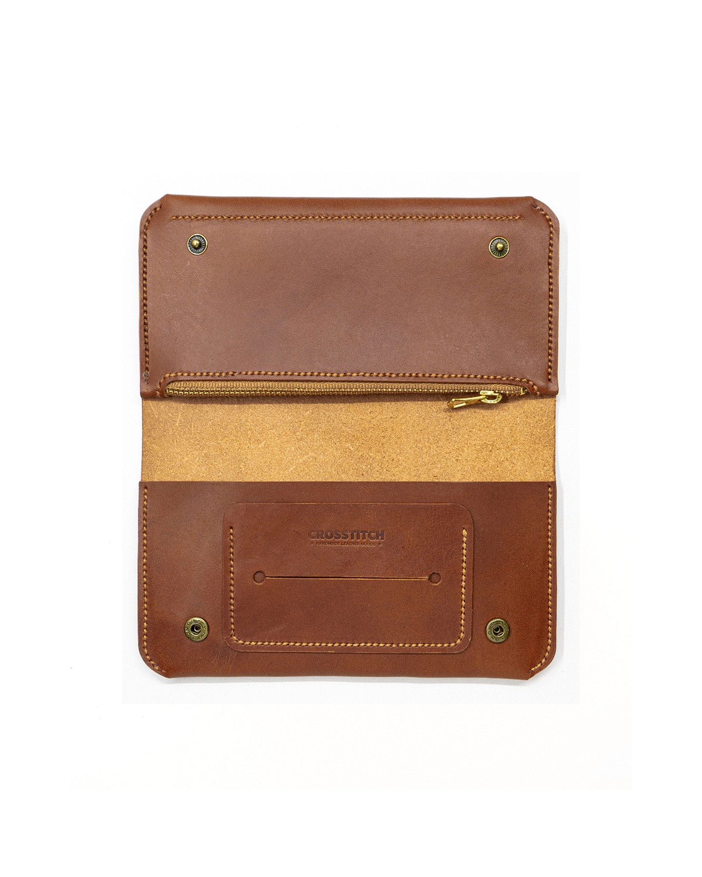 Handmade Chestnut leather tobacco pouch open empty