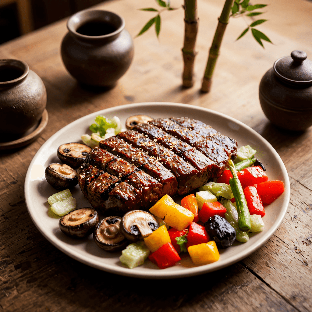 product photography of plate of grilled meat with vegetables