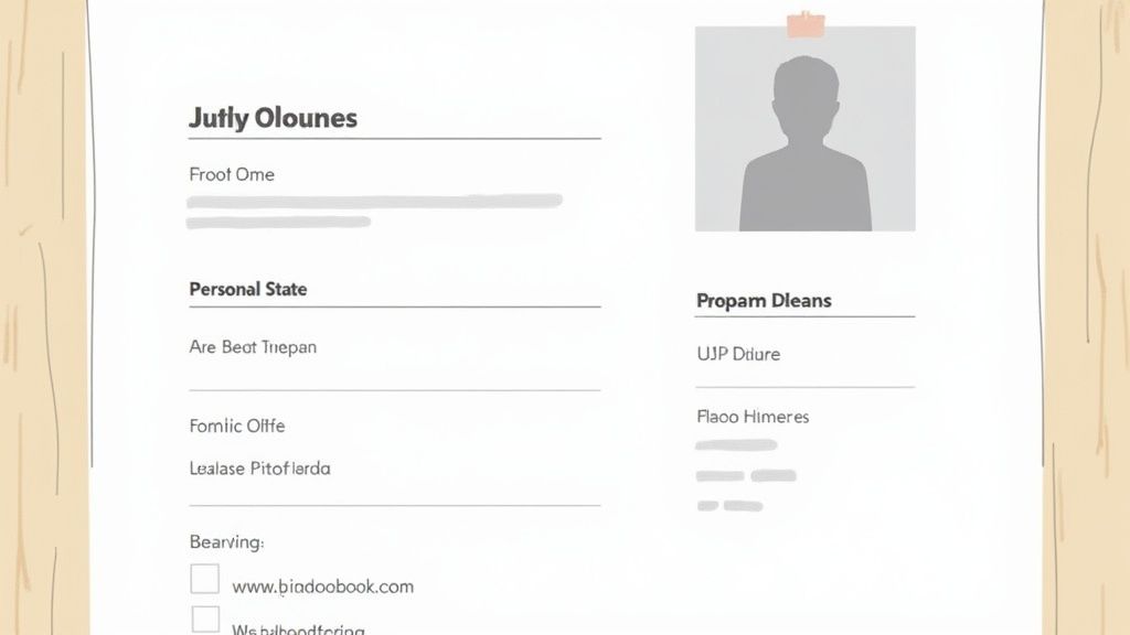 Eine Person überprüft ihren Lebenslauf, um sicherzustellen, dass ihr Bewerbungsfoto optimal platziert ist.