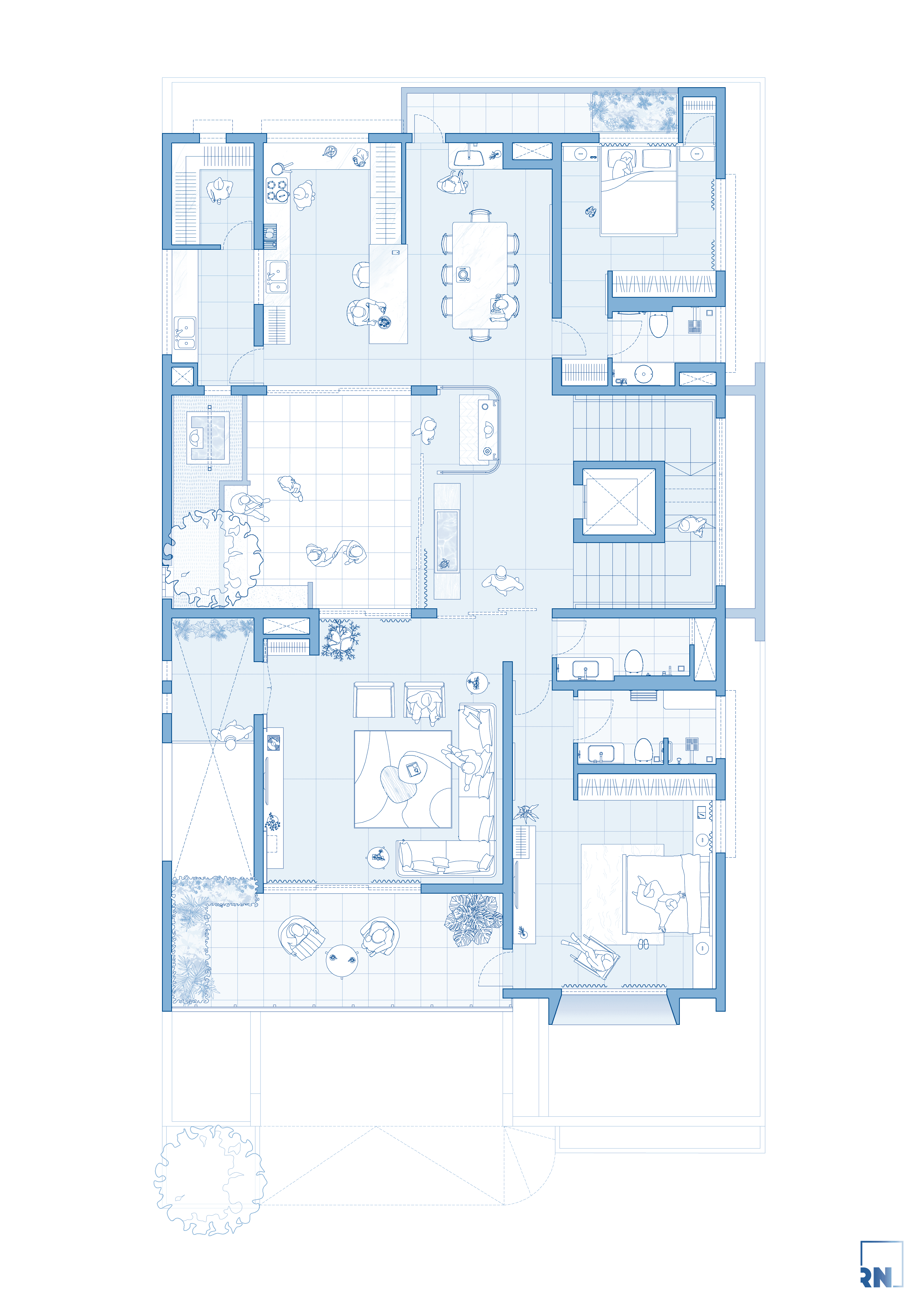 Nadumuttram, Karur – first floor plan with private spaces arranged along quieter edges of a central courtyard, designed by Rooted Narratives, Bengaluru.
