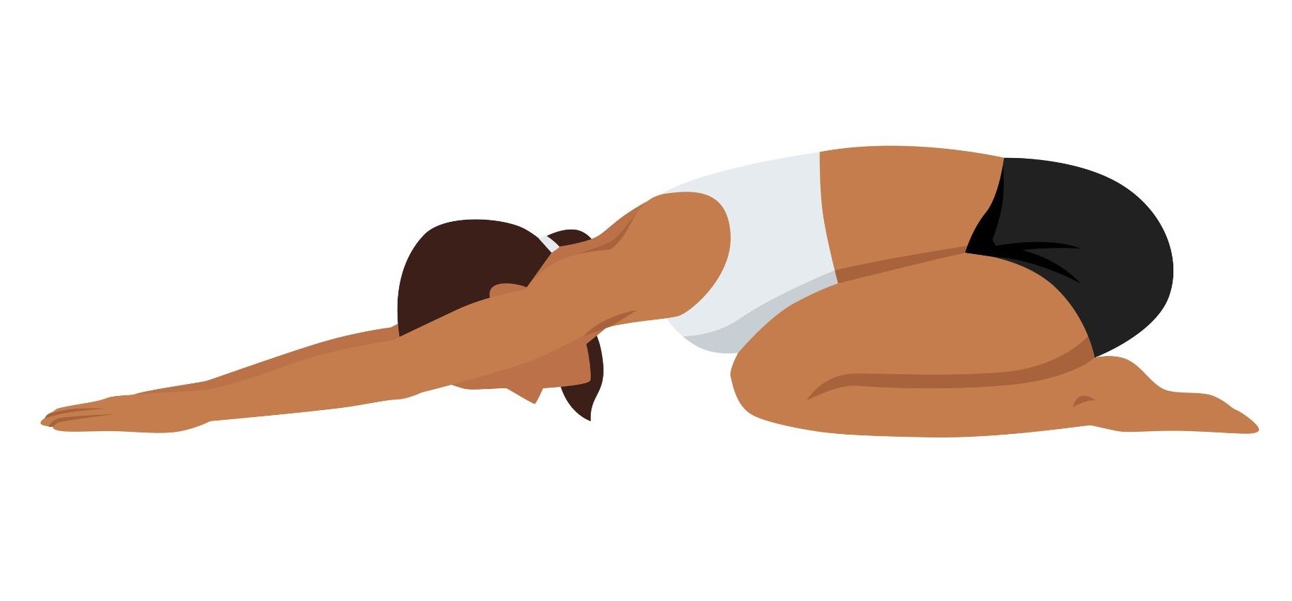 An illustration of a person performing a child's pose stretch, kneeling on the floor with their hips back on their heels and arms extended forward.