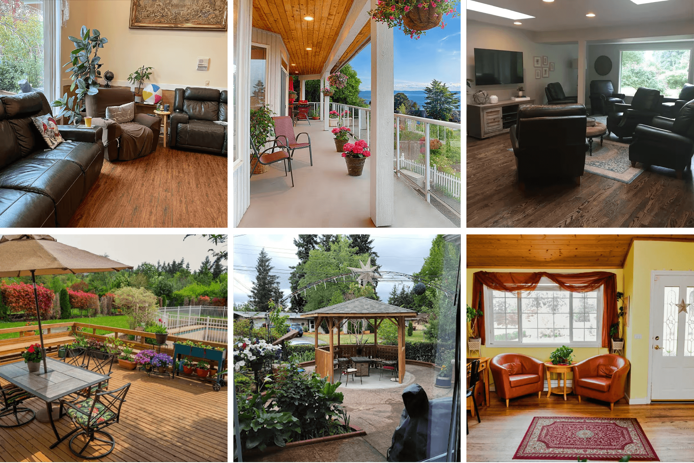 Collage of interior spaces from adult family homes in Bellevue, Bothell, Shoreline, and Gig Harbor, showing warm, cozy, and home-like living environments.