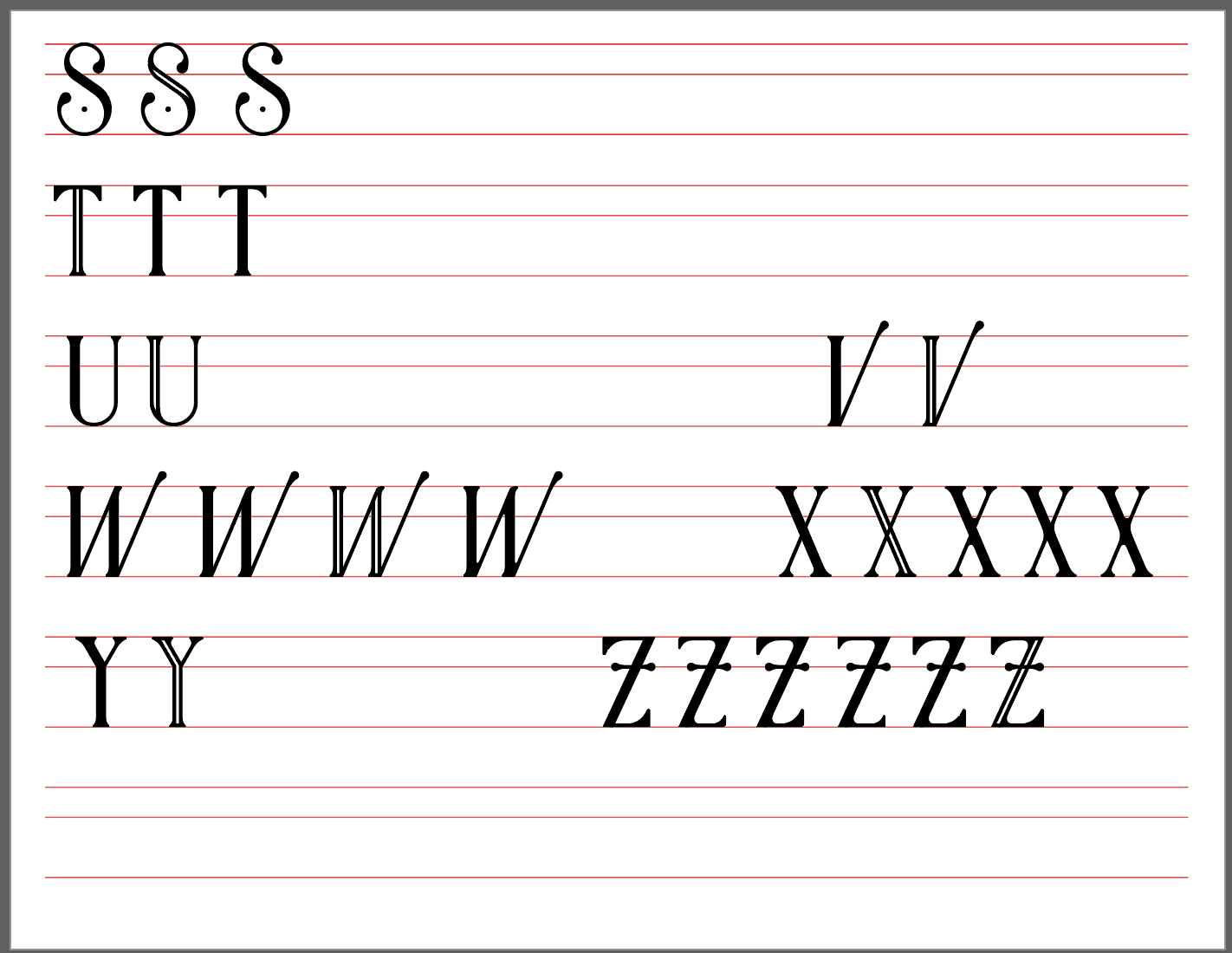 Digital first draft of the letters for the typeface. Lines with the letterform options in rows.