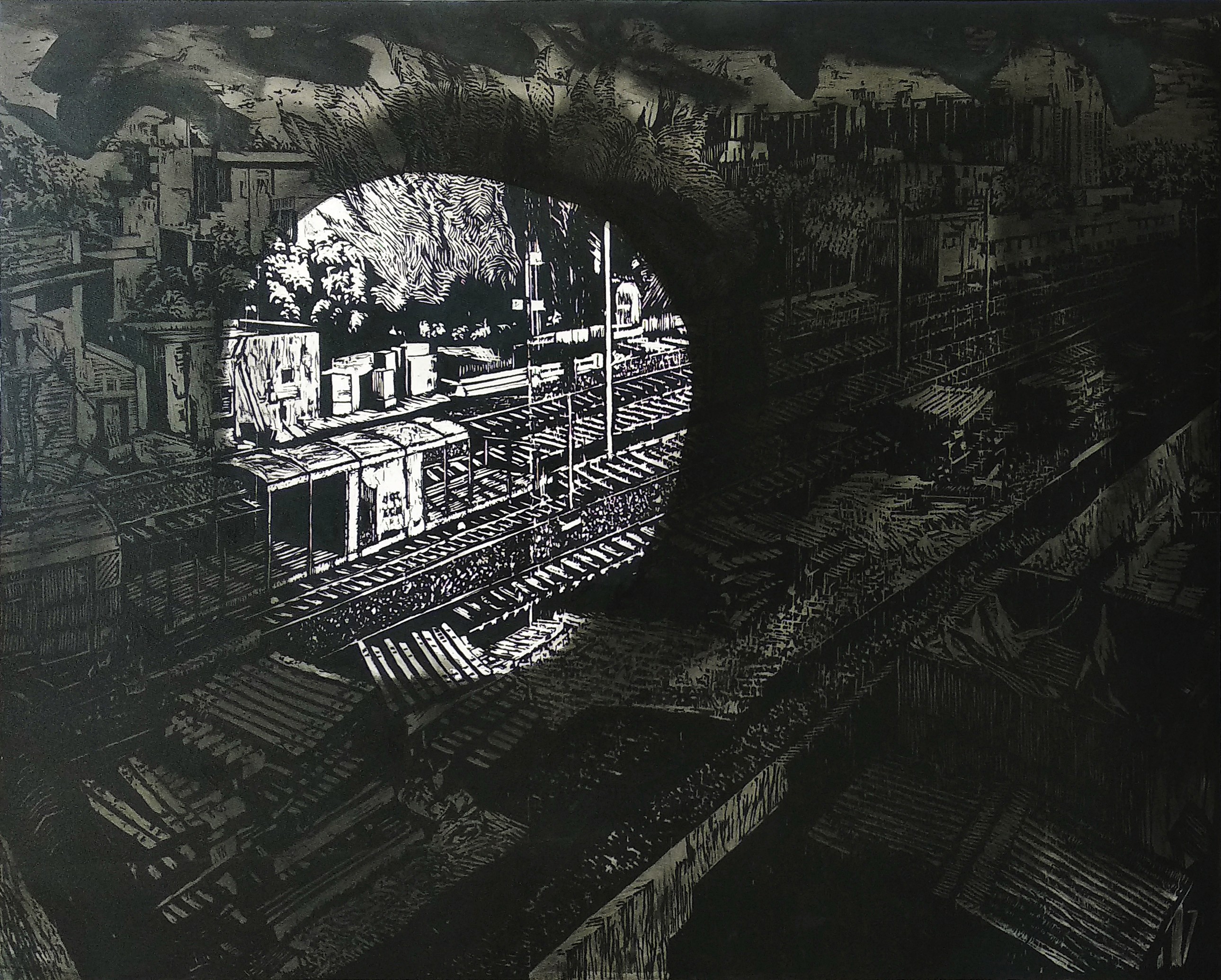 herd of sheep on road painting