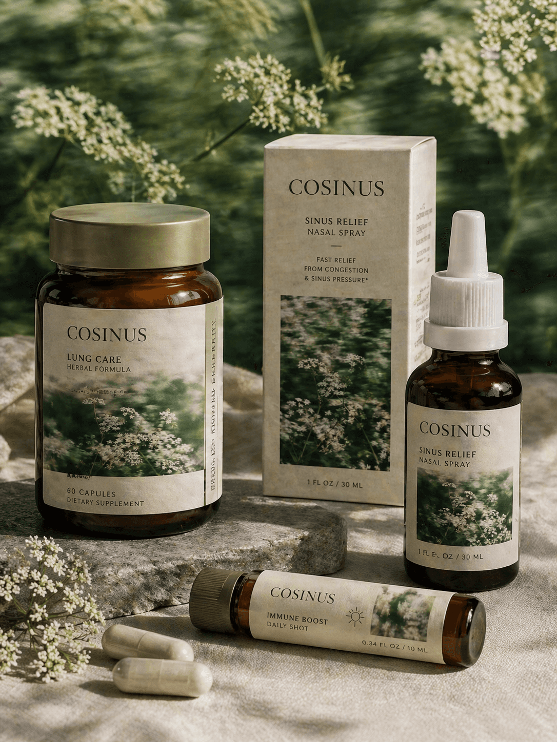 Cosinus herbal products displayed on stone surface amidst foliage, including lung guard and sinus relief spray.
