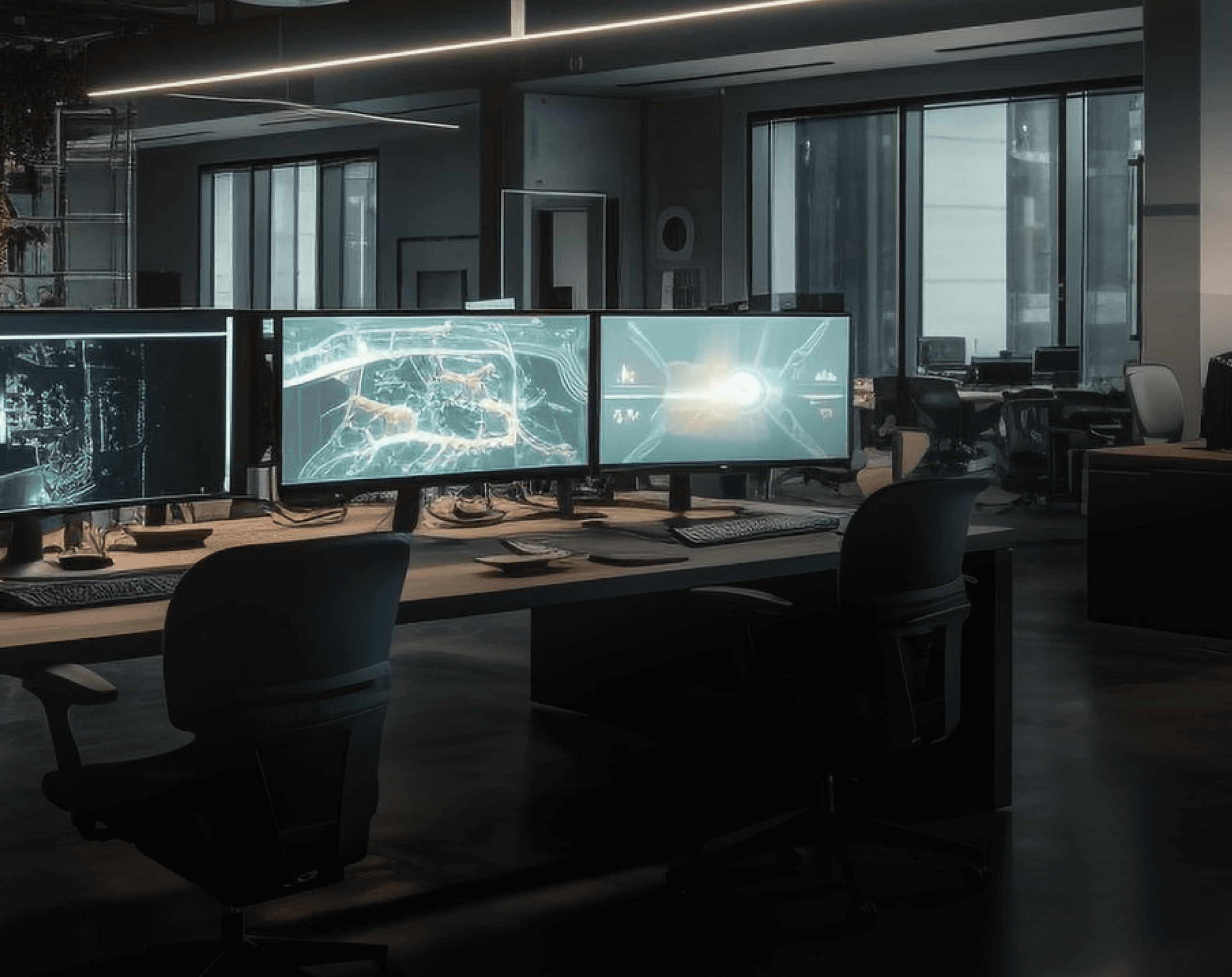 Dark modern office with multiple monitors displaying digital networks and data visualisation, representing advanced technology and AI systems.