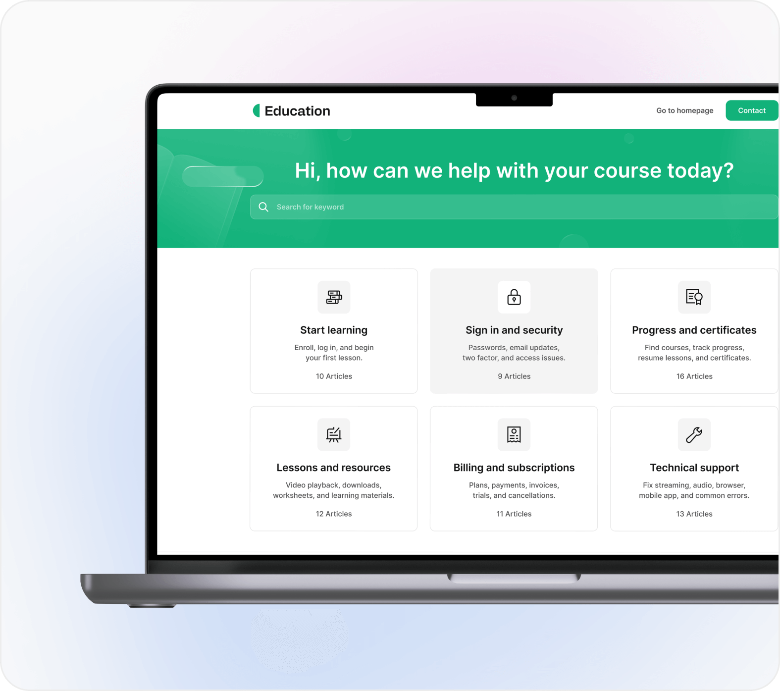 Online course help center homepage with categories like start learning, security, progress, and billing.