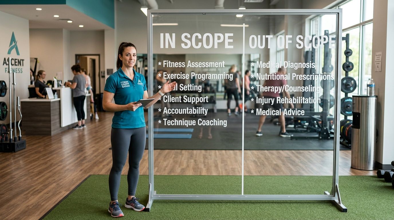 A professional female personal trainer stands in a fitness gym next to a sign listing her scope of practice.