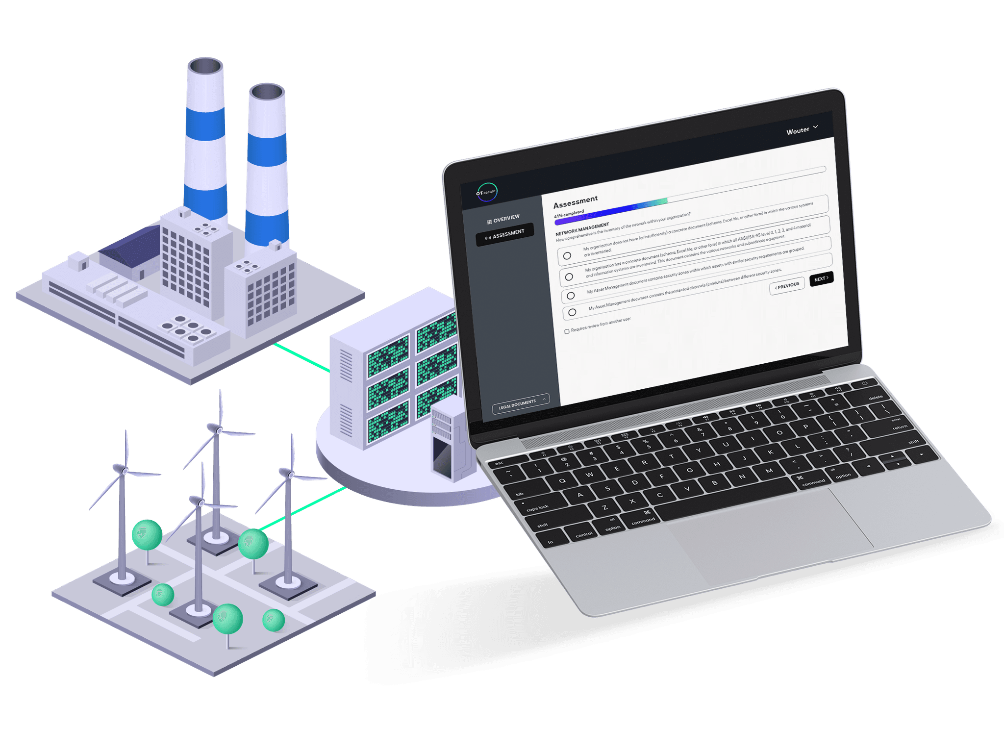 OT-security assessment op laptopscherm  met op de achtergrond een fabriek