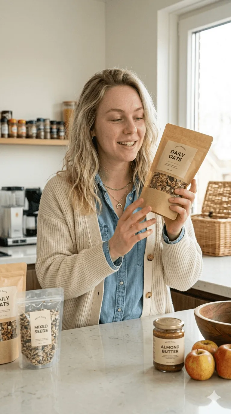 Blonde woman in a cream cardigan standing at a kitchen counter, smiling while holding a kraft paper bag of granola, with additional food products and a bowl of apples displayed in front of her
