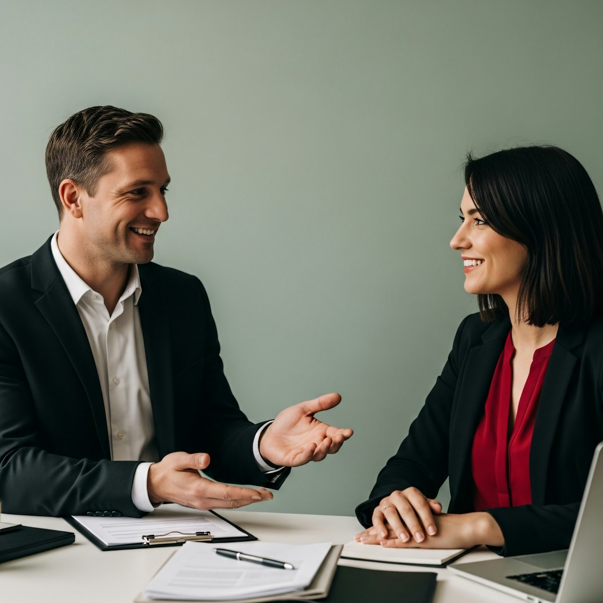 Two professionals in a business meeting, smiling and discussing ideas, with documents and a laptop on the table.