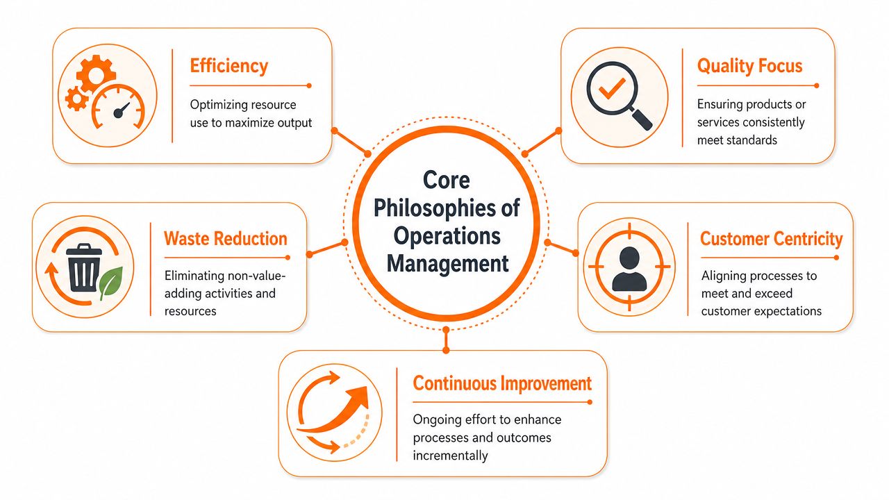 A diagram illustrating the five core philosophies of operations management, including efficiency, quality, waste reduction, and improvement.